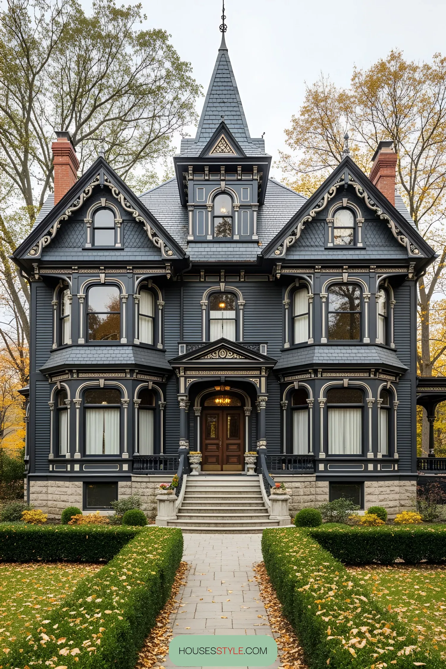 Elegant black Victorian house with intricate details