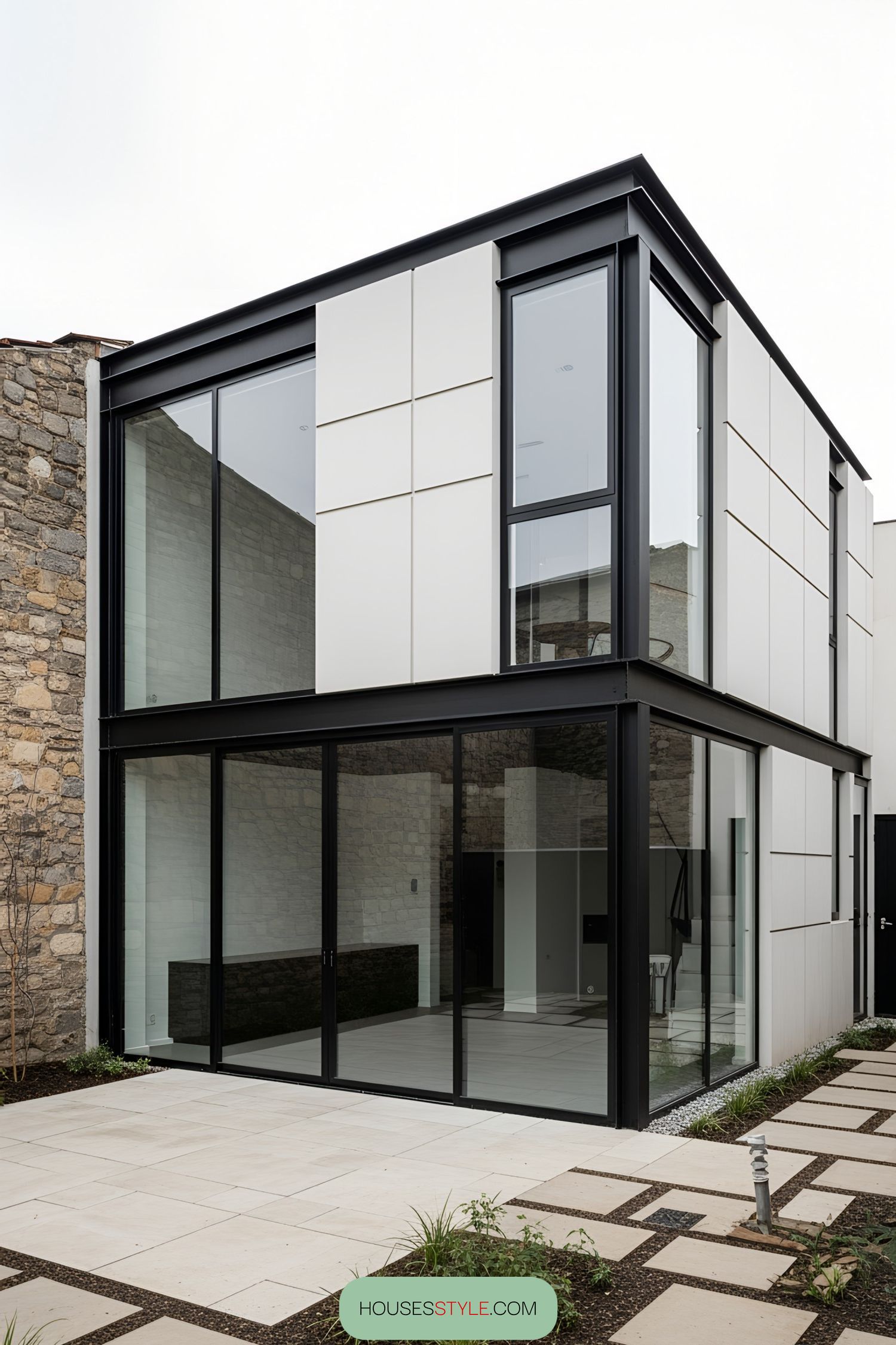Sleek industrial house exterior with glass walls