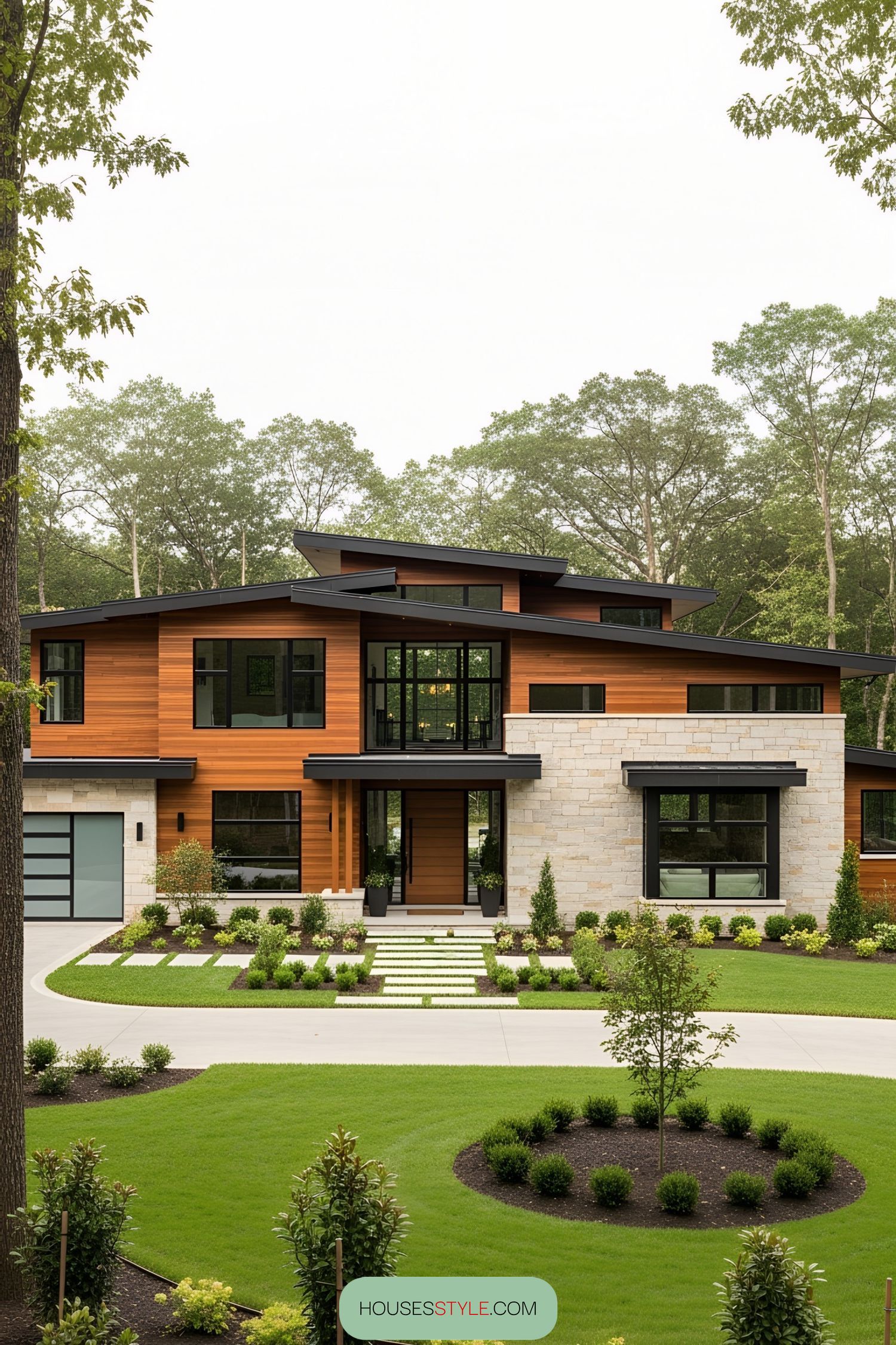 A modern home with wood and stone elements surrounded by lush greenery