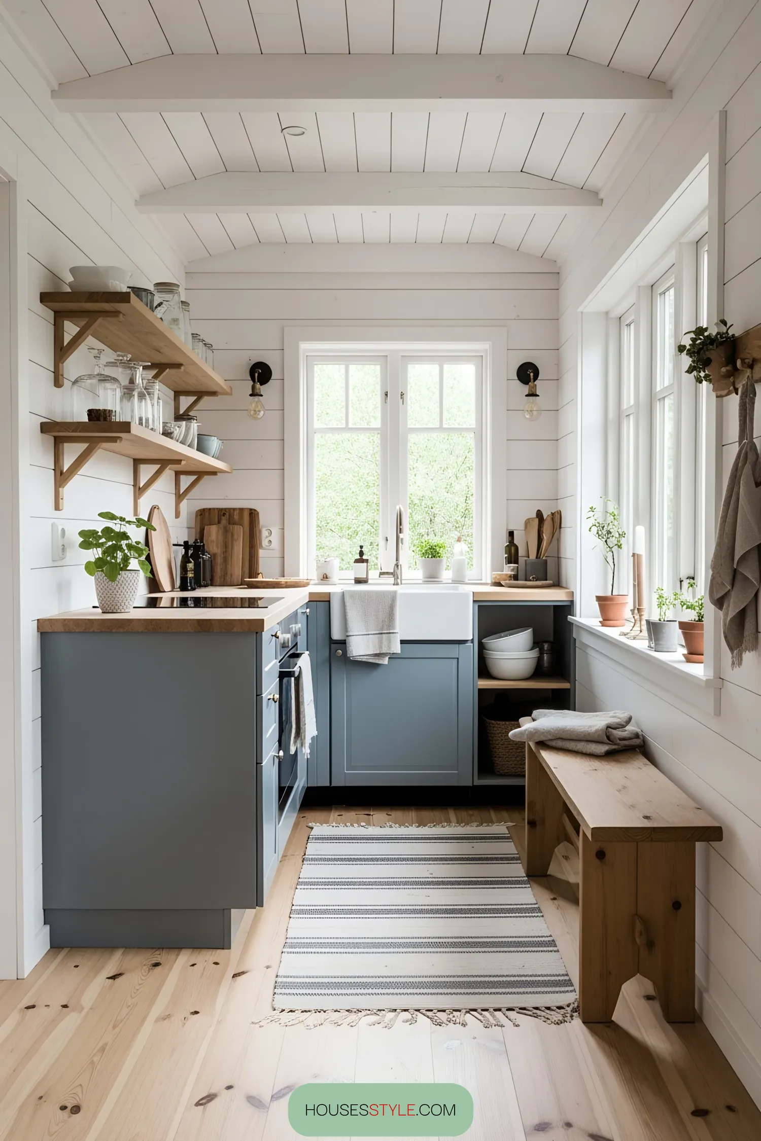 Compact kitchen design with blue cabinets and wooden accents