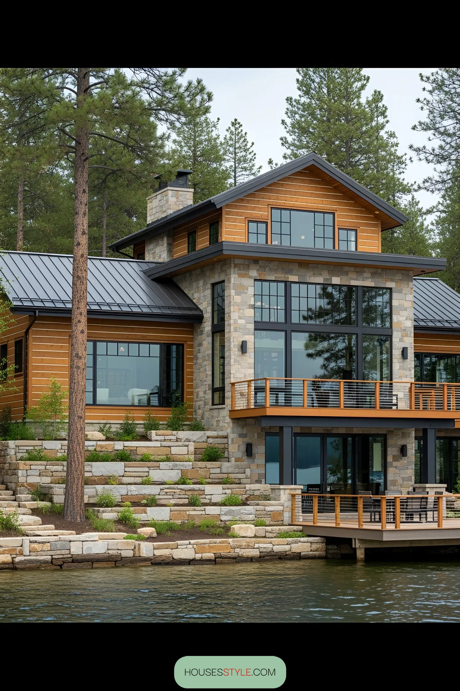 Luxurious stone and wood lake house with large windows