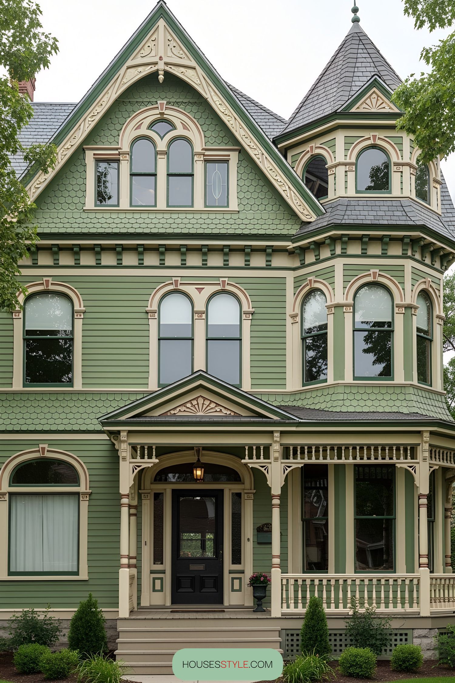 Victorian house with green and cream exterior
