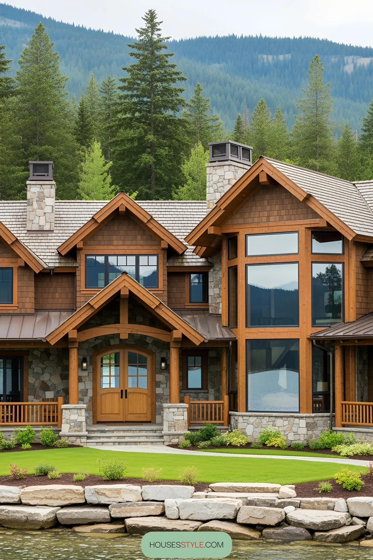 Spacious wooden house by a lake with mountains in the background