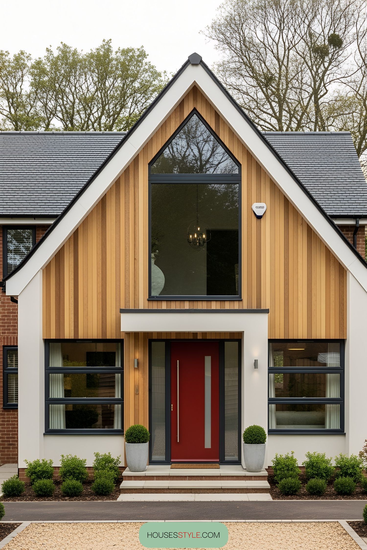 Modern chalet bungalow with large window and red door