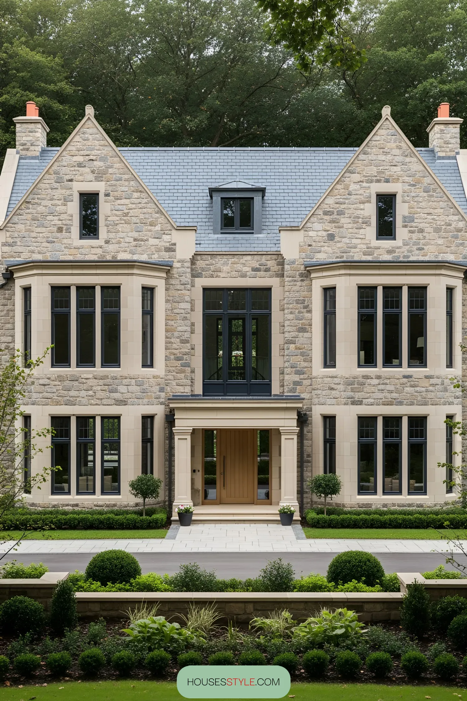 Stone manor house with lush garden and forest backdrop