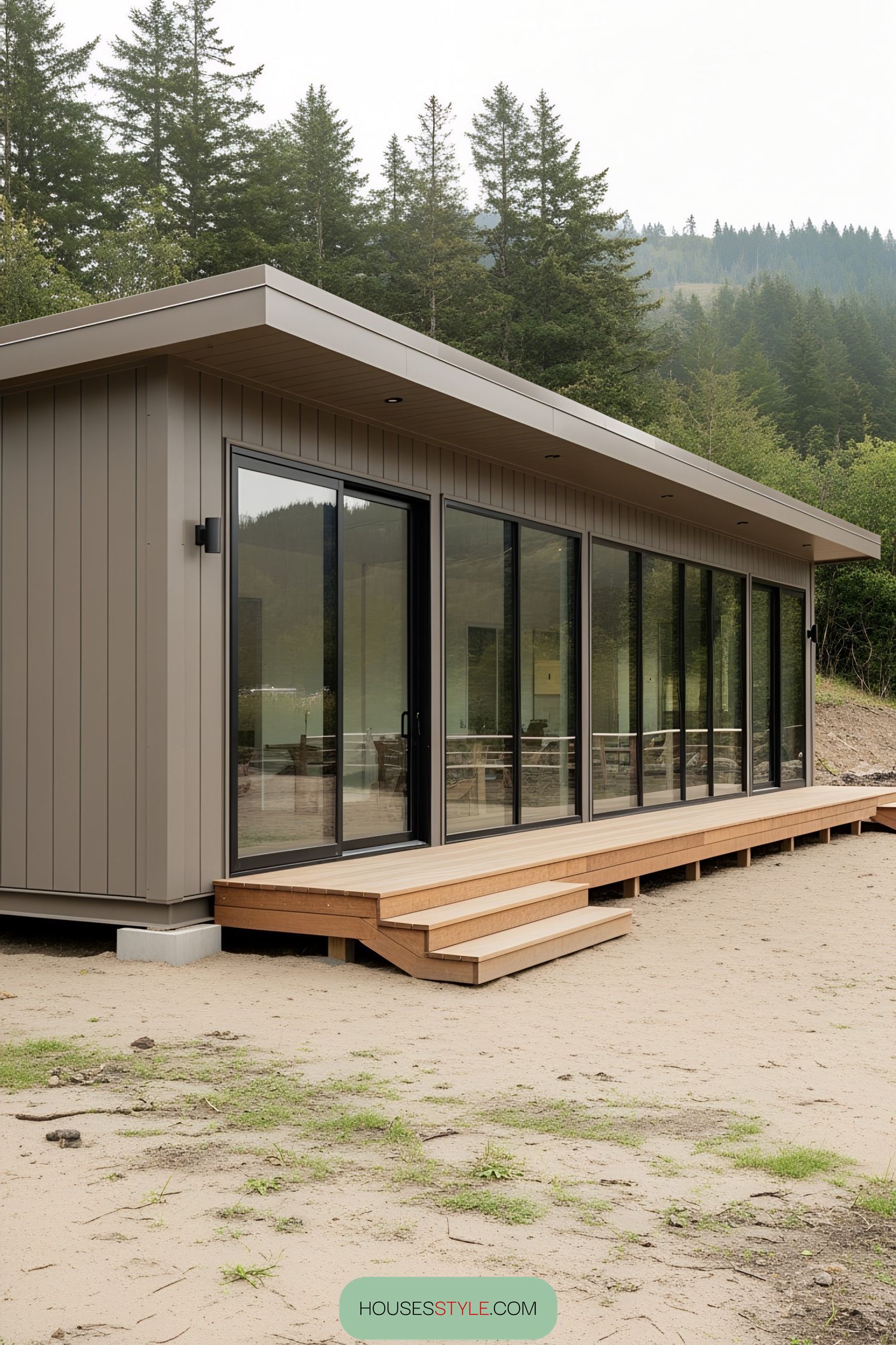 A modern shipping container workshop set in a lush environment