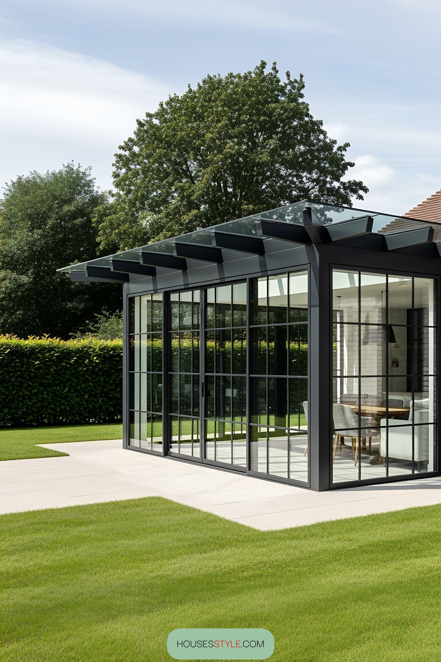 Glass-walled extension with lush garden view