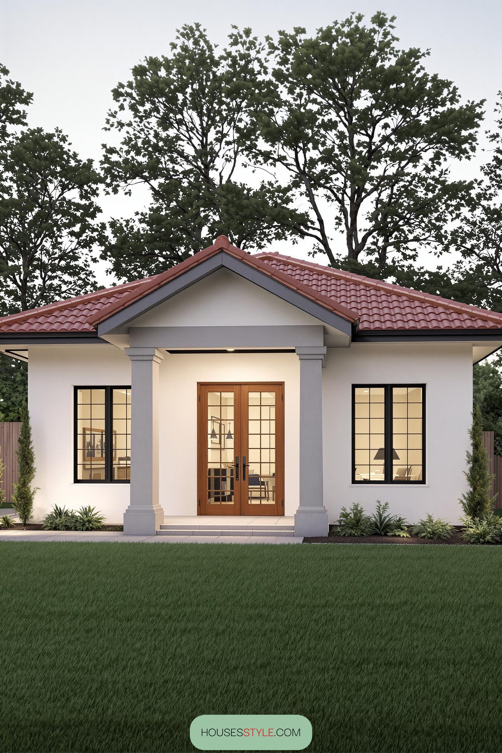 Minimalist bungalow with a red tiled roof and white walls