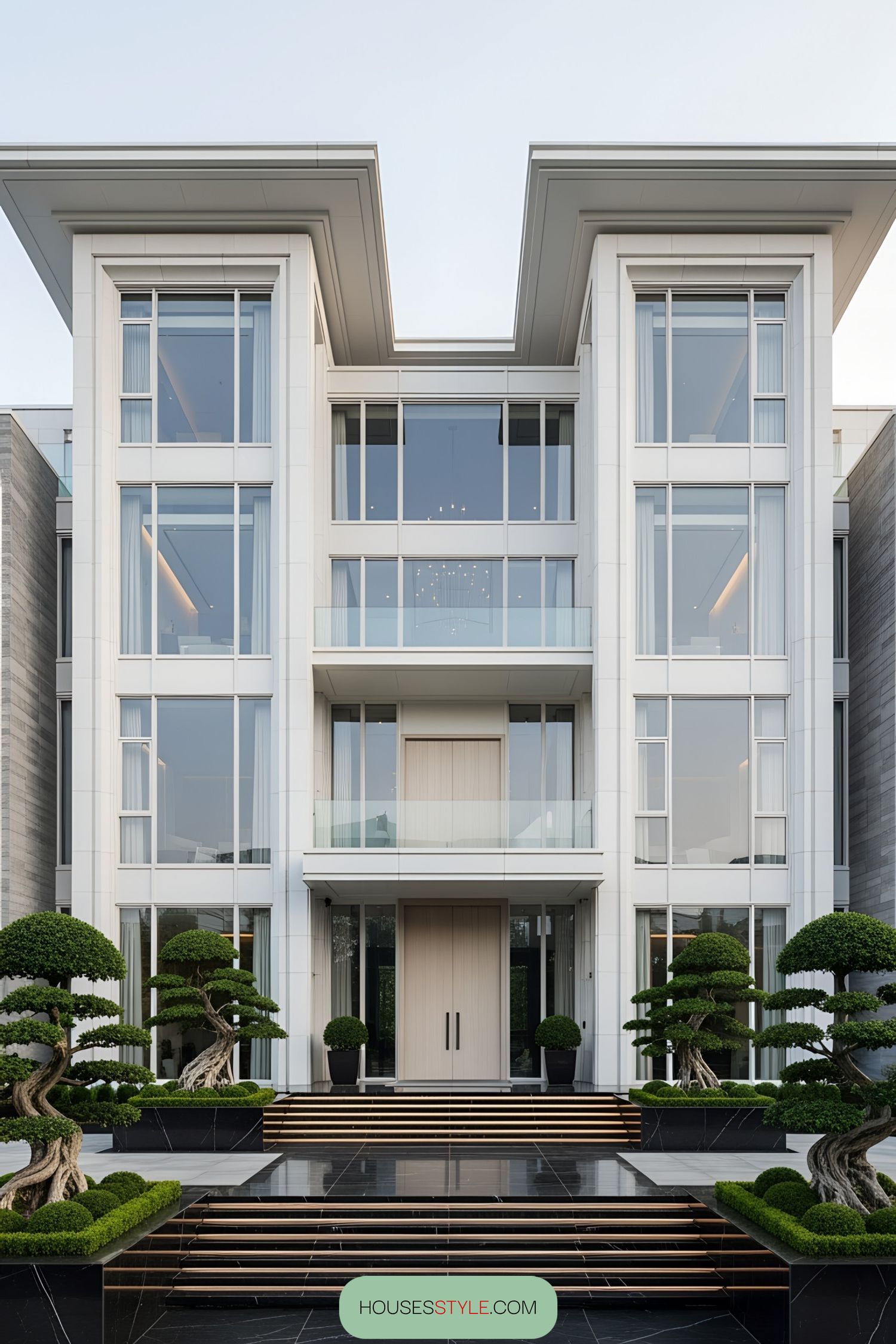 Elegant modern villa with large glass windows and manicured gardens