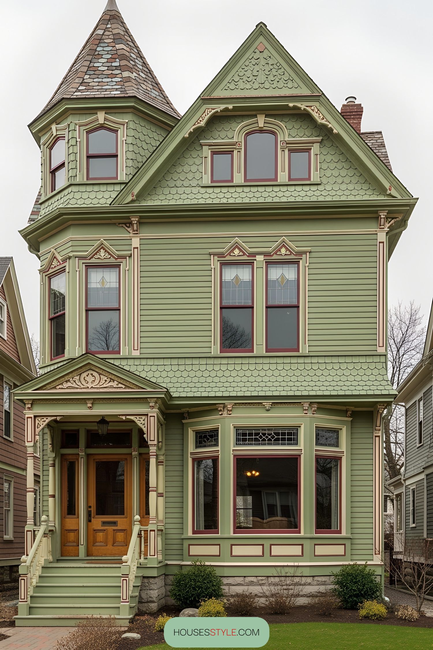 Green Victorian house with ornate details and tower