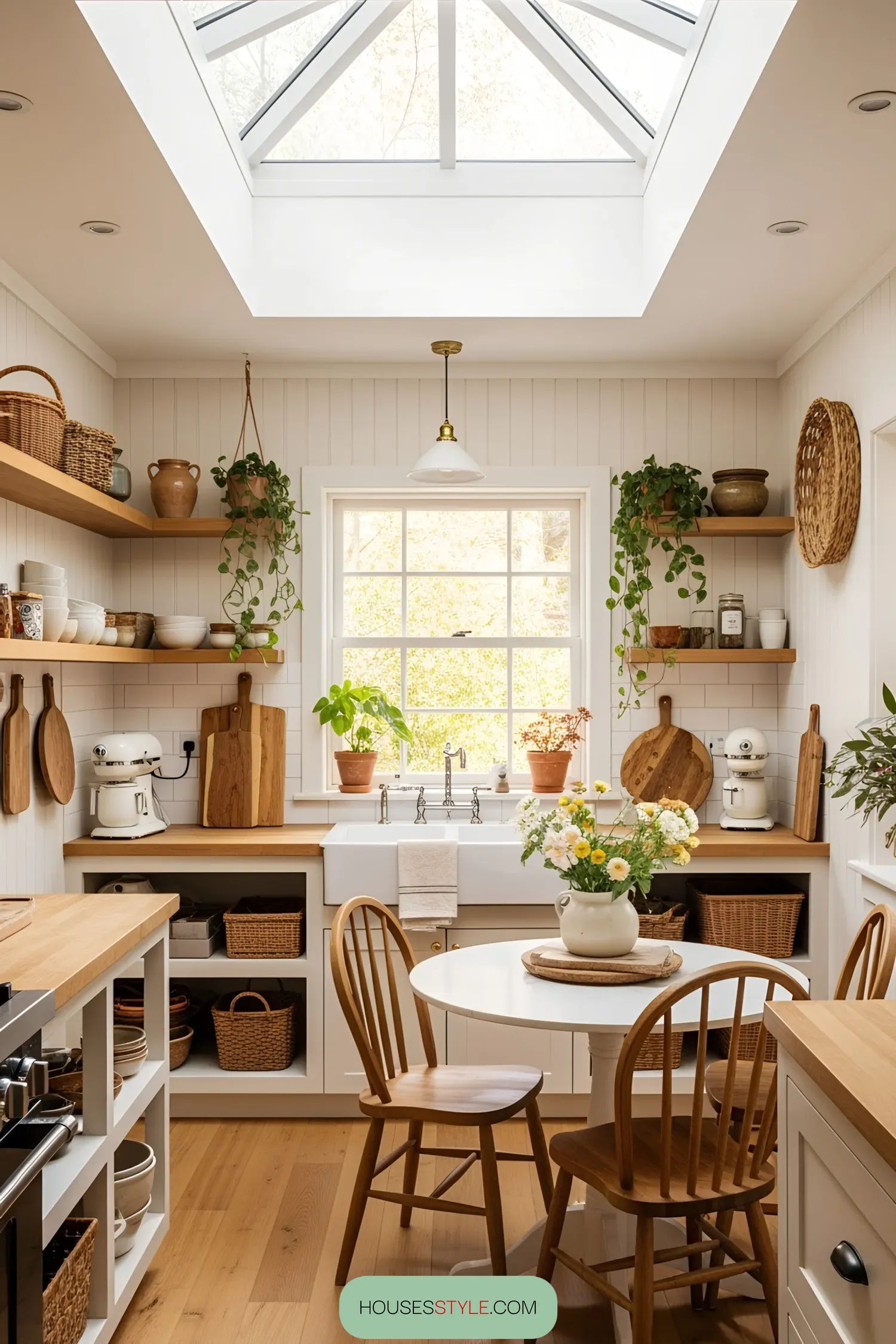 Small kitchen with skylight and wooden interiors