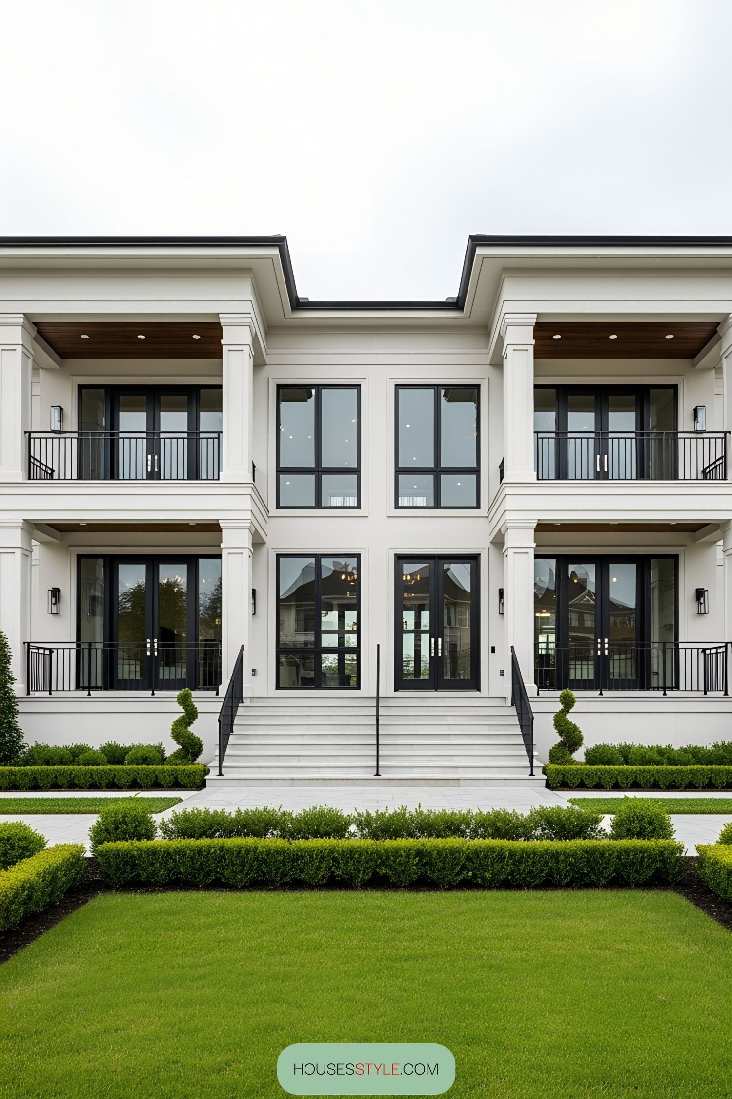 Elegant duplex facade with manicured garden
