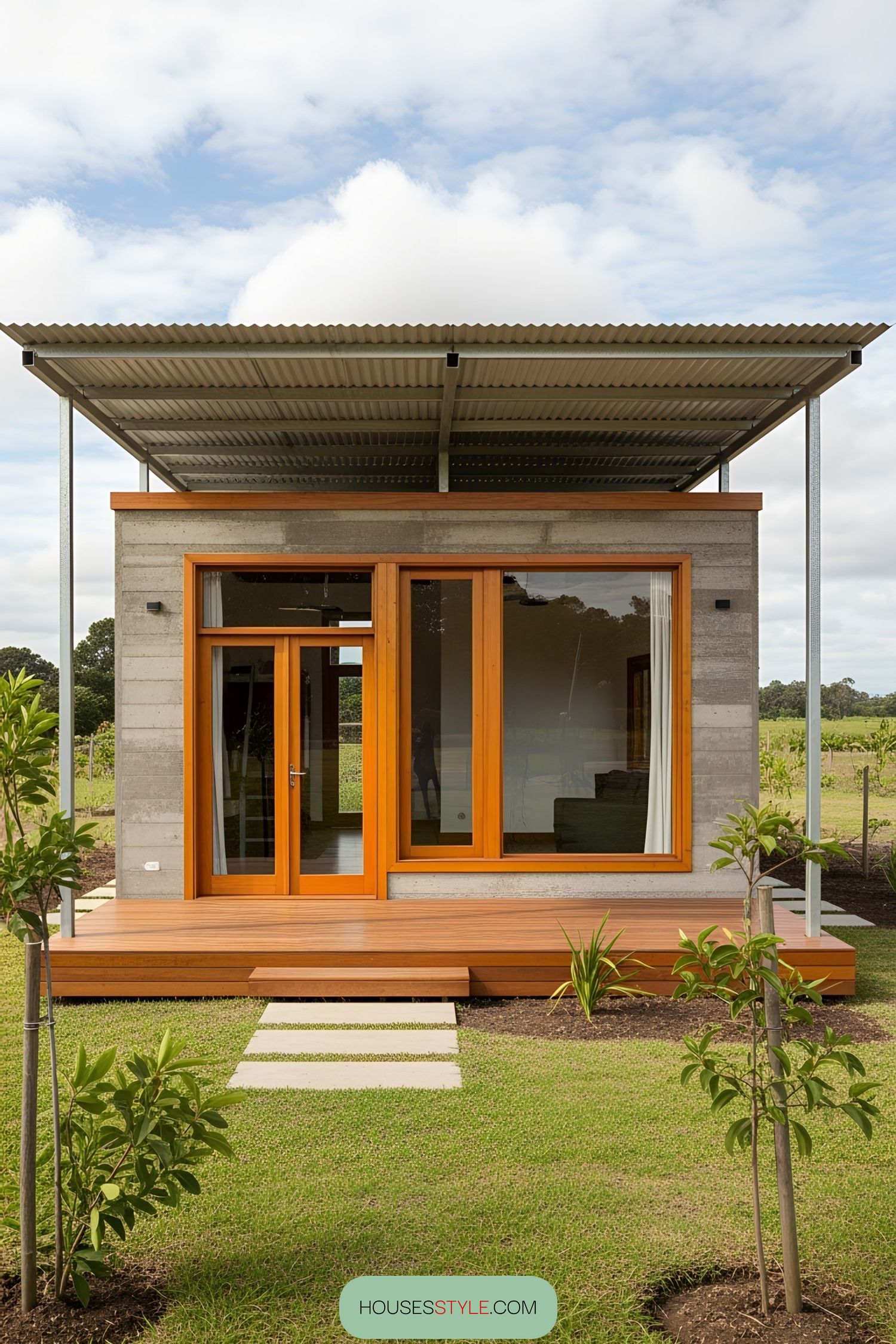 Small industrial-style house with metal roof and bright wooden accents