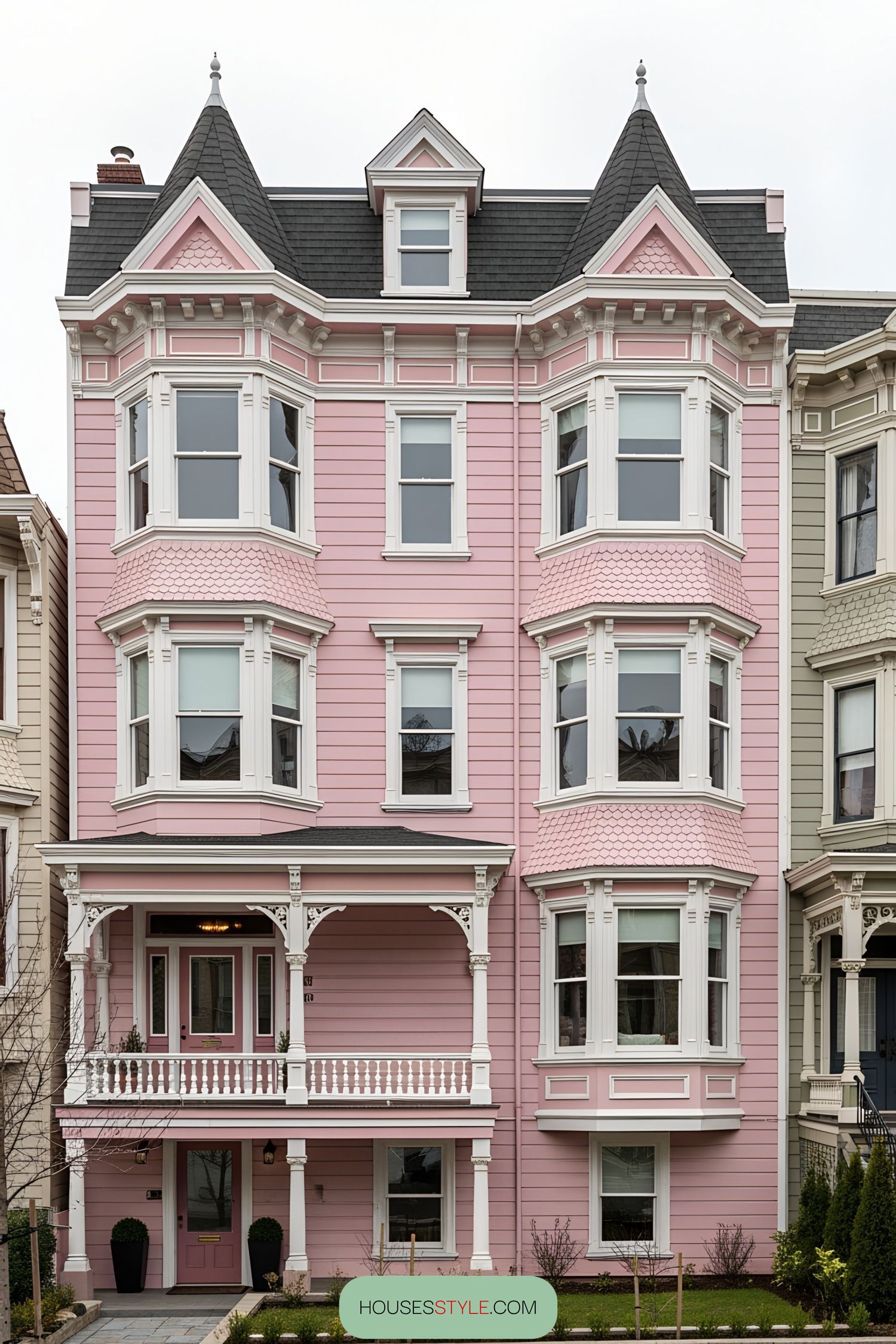 Charming pink Victorian house with white trim and ornate details