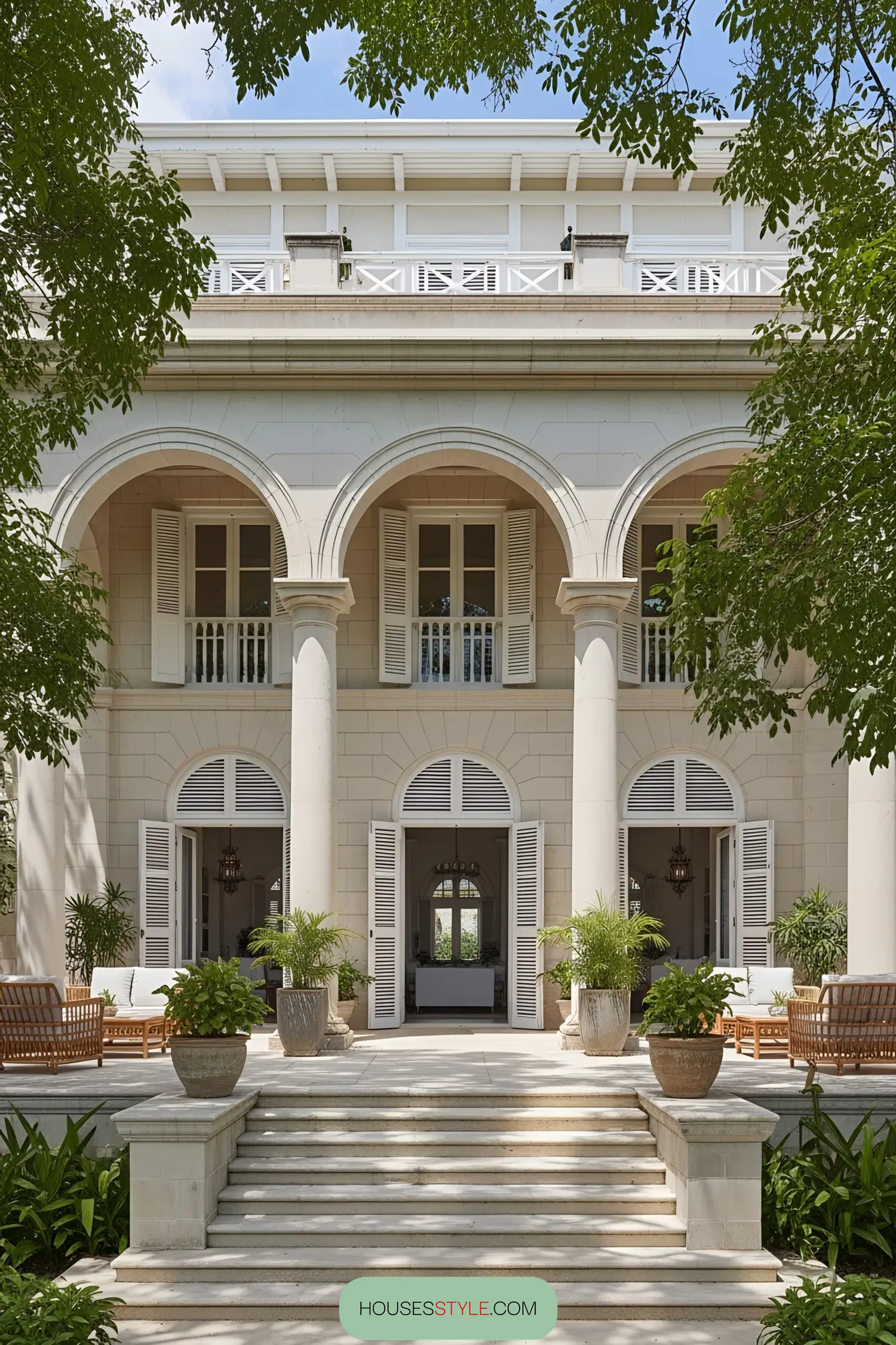 Stately colonial house framed by lush greenery