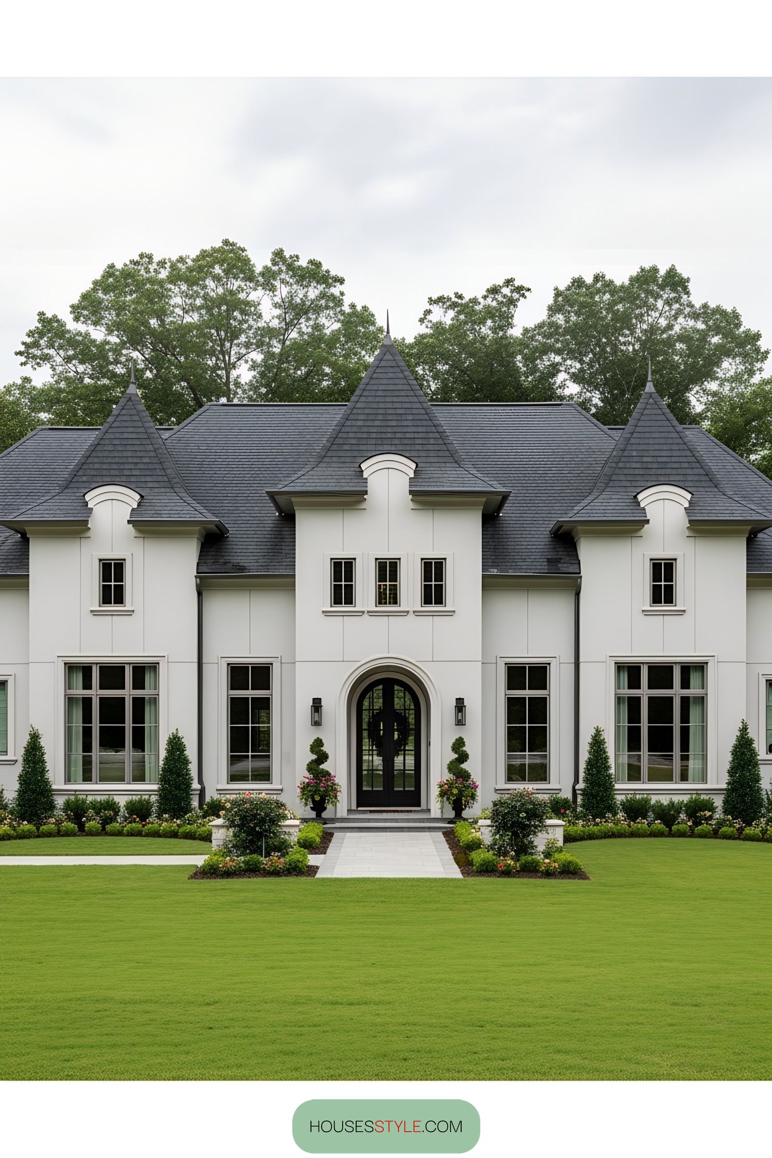 Elegant modern house with lush lawn and gardens