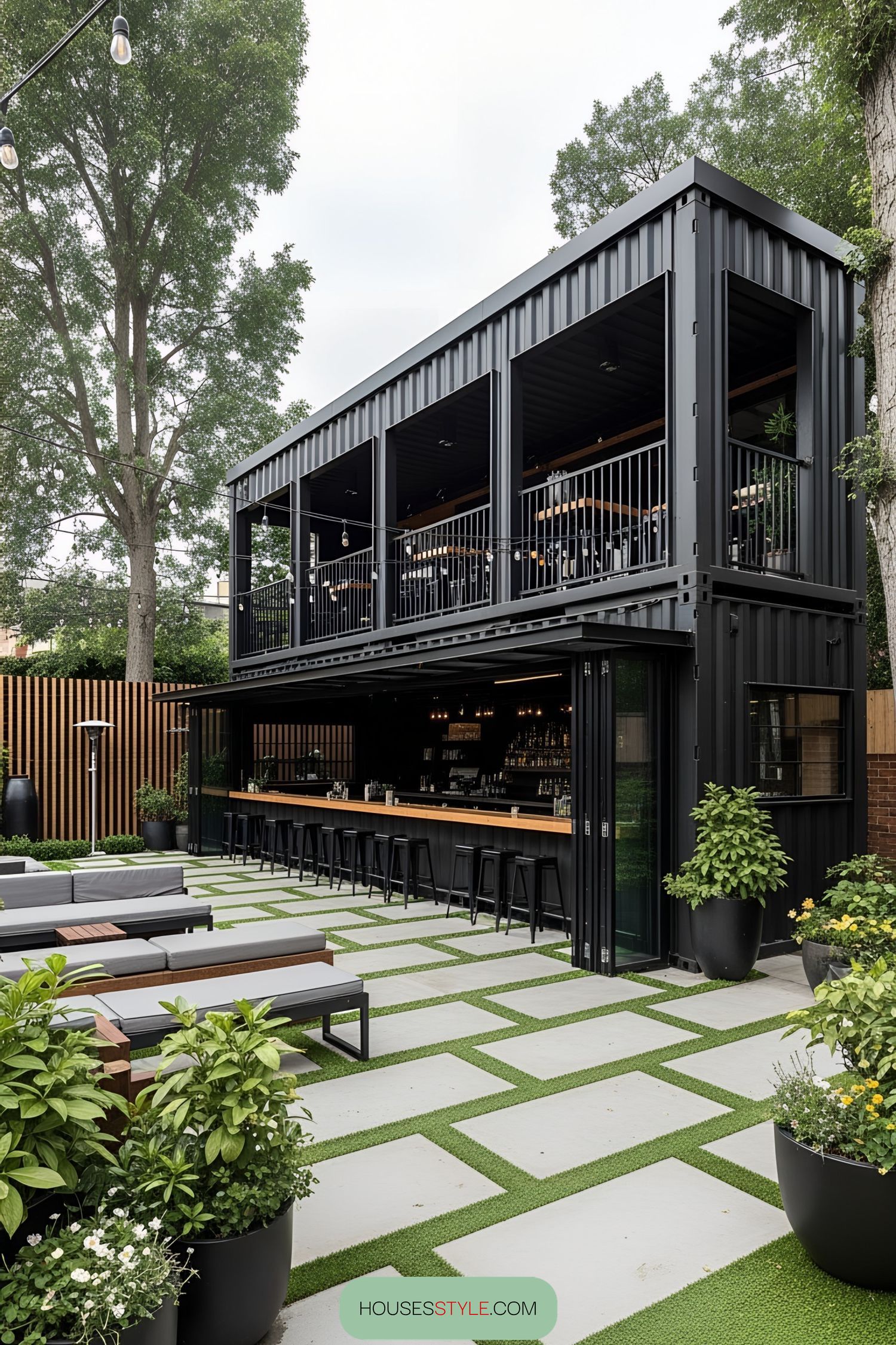 Sleek black container bar with patio seating