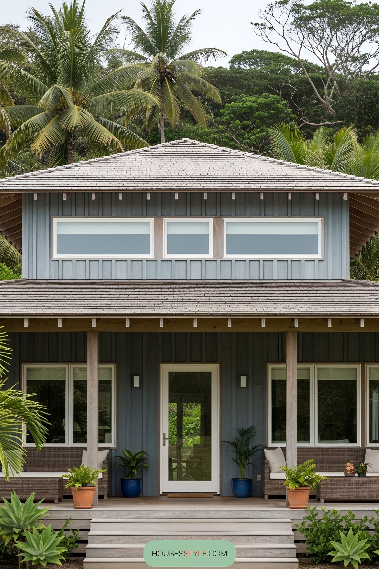 Blue rustic beach house with a porch and palm trees