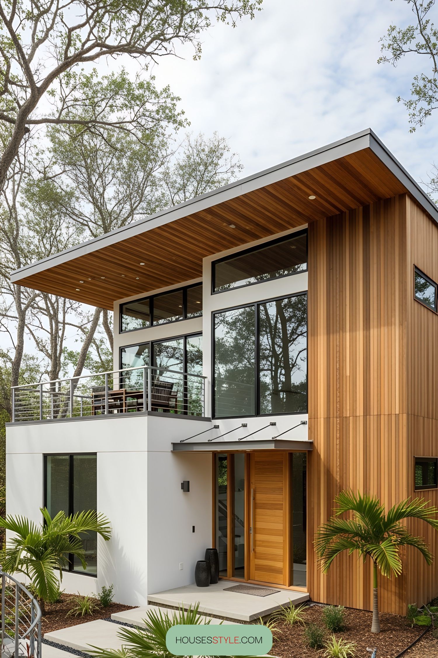 Modern bungalow with a rooftop deck and wooden accents