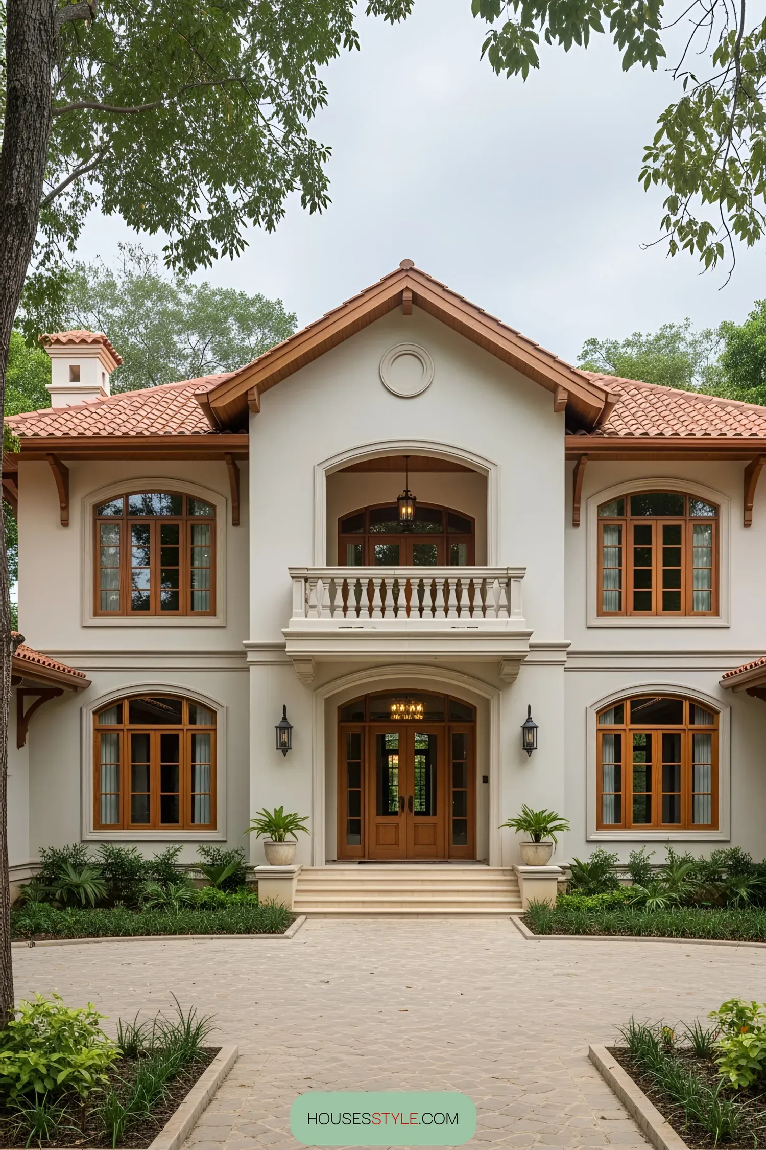 Grand colonial house with terracotta roof and lush surroundings