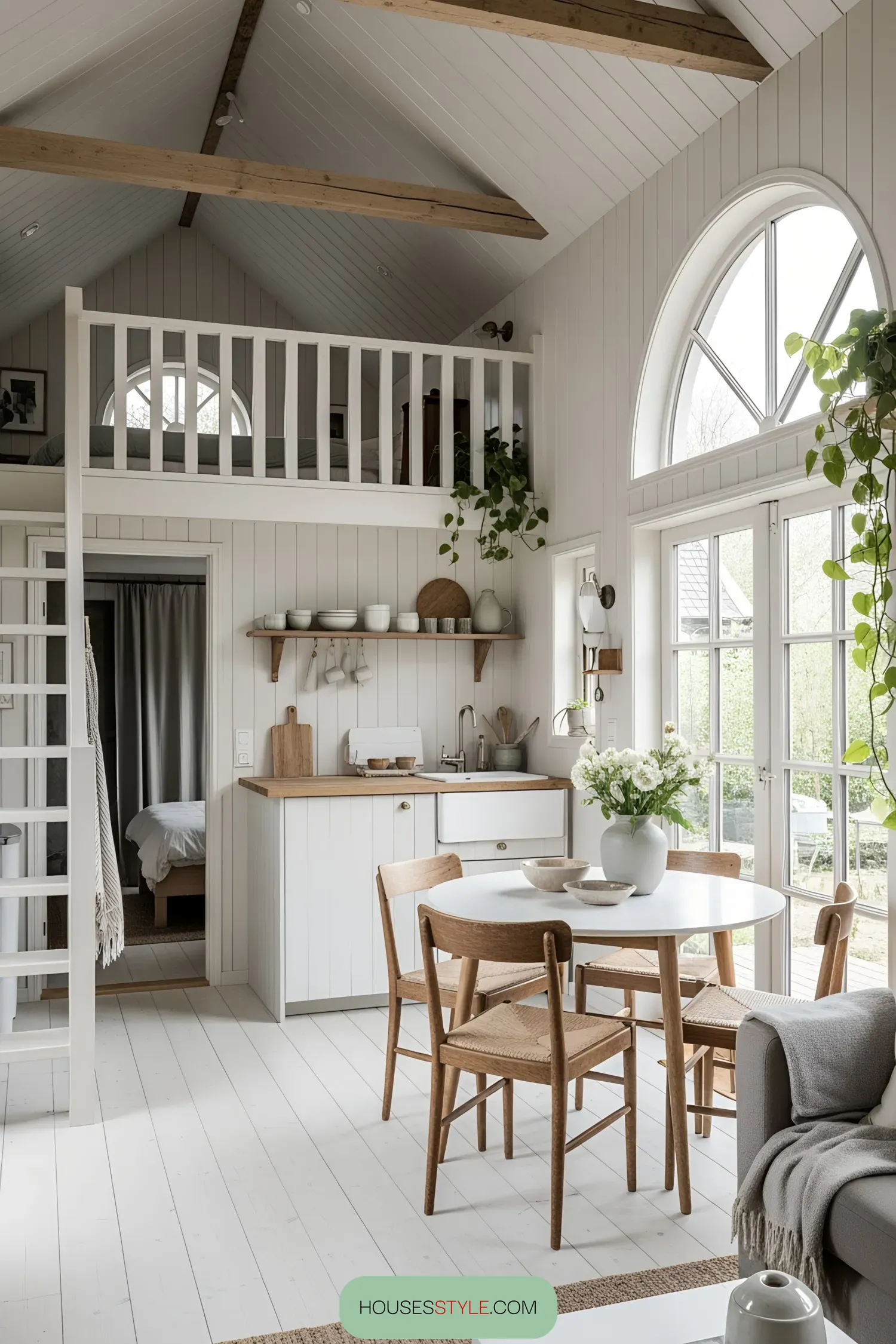 Bright and airy cottage interior with white wood and natural accents