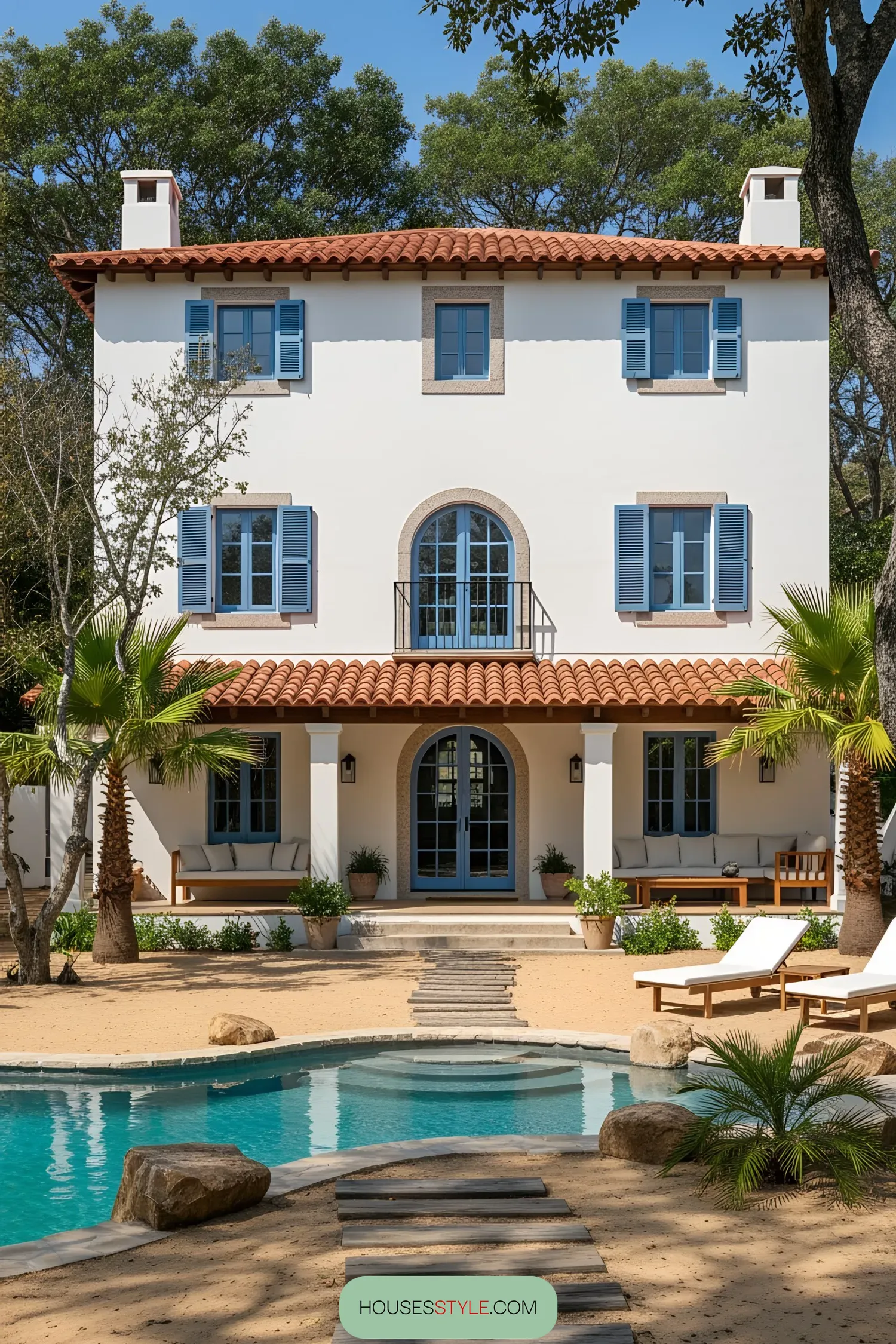 Elegant coastal house with blue shutters and terracotta roof