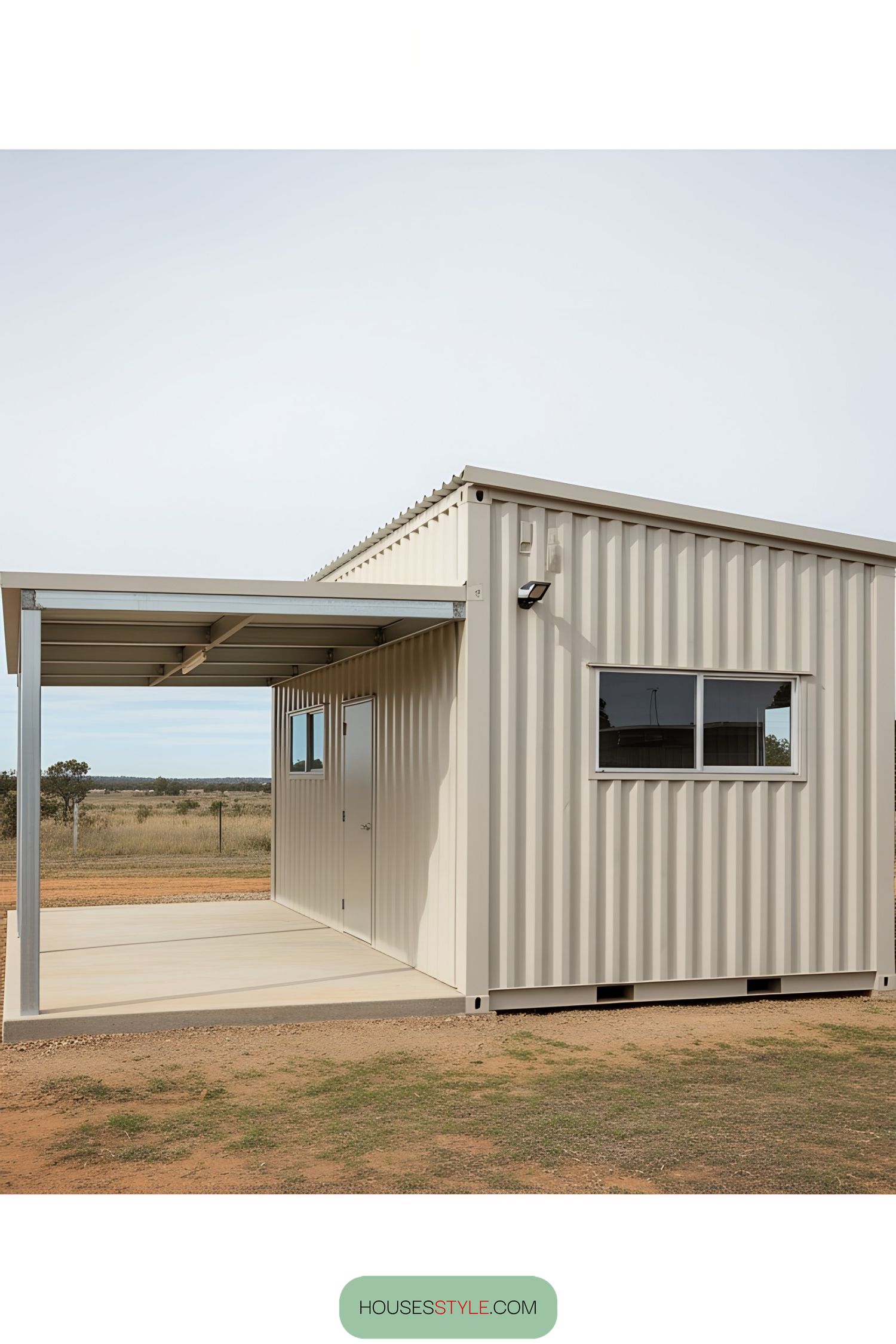 Light-colored container workshop in an open landscape