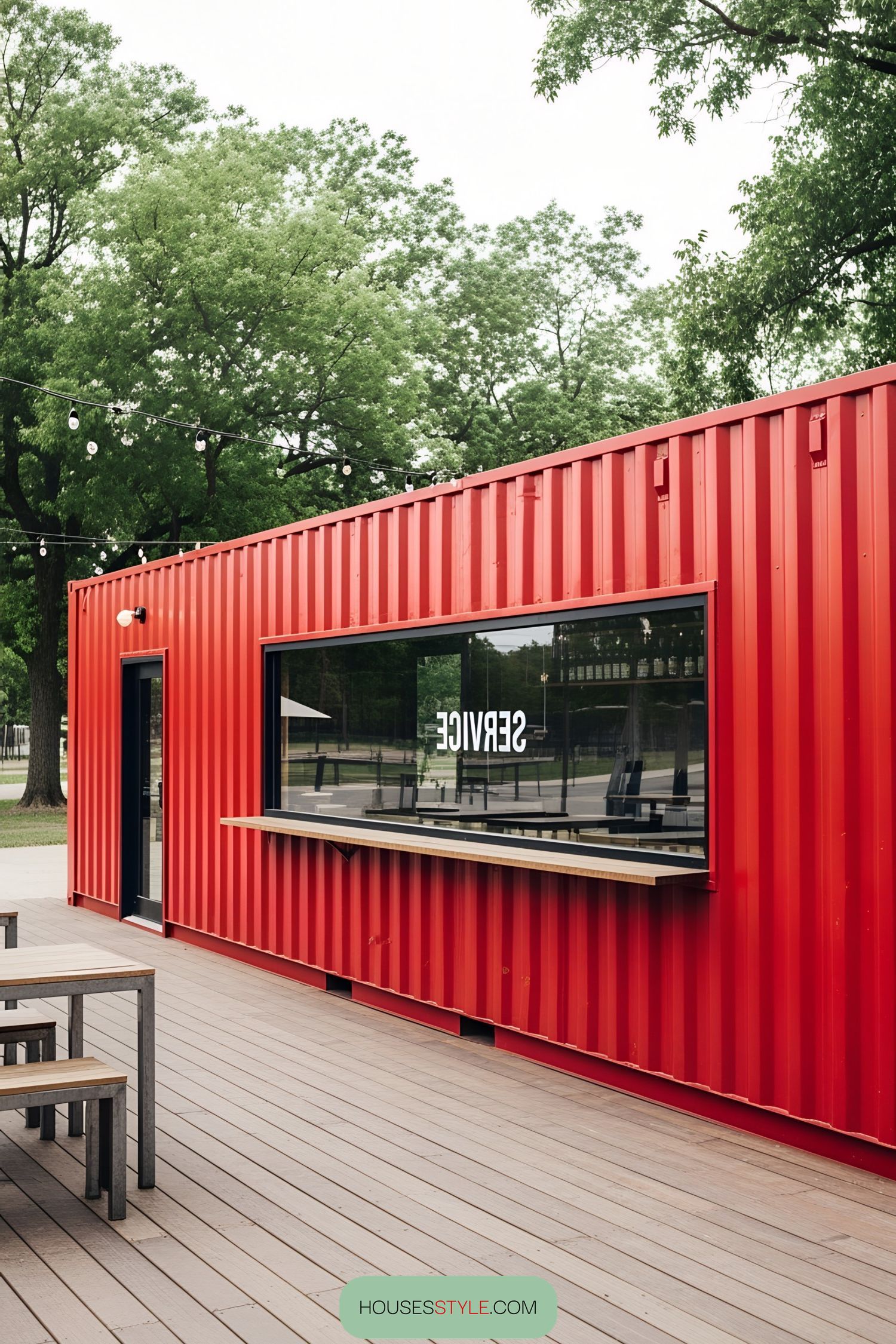 Bright red shipping container bar with serving window on a wooden deck