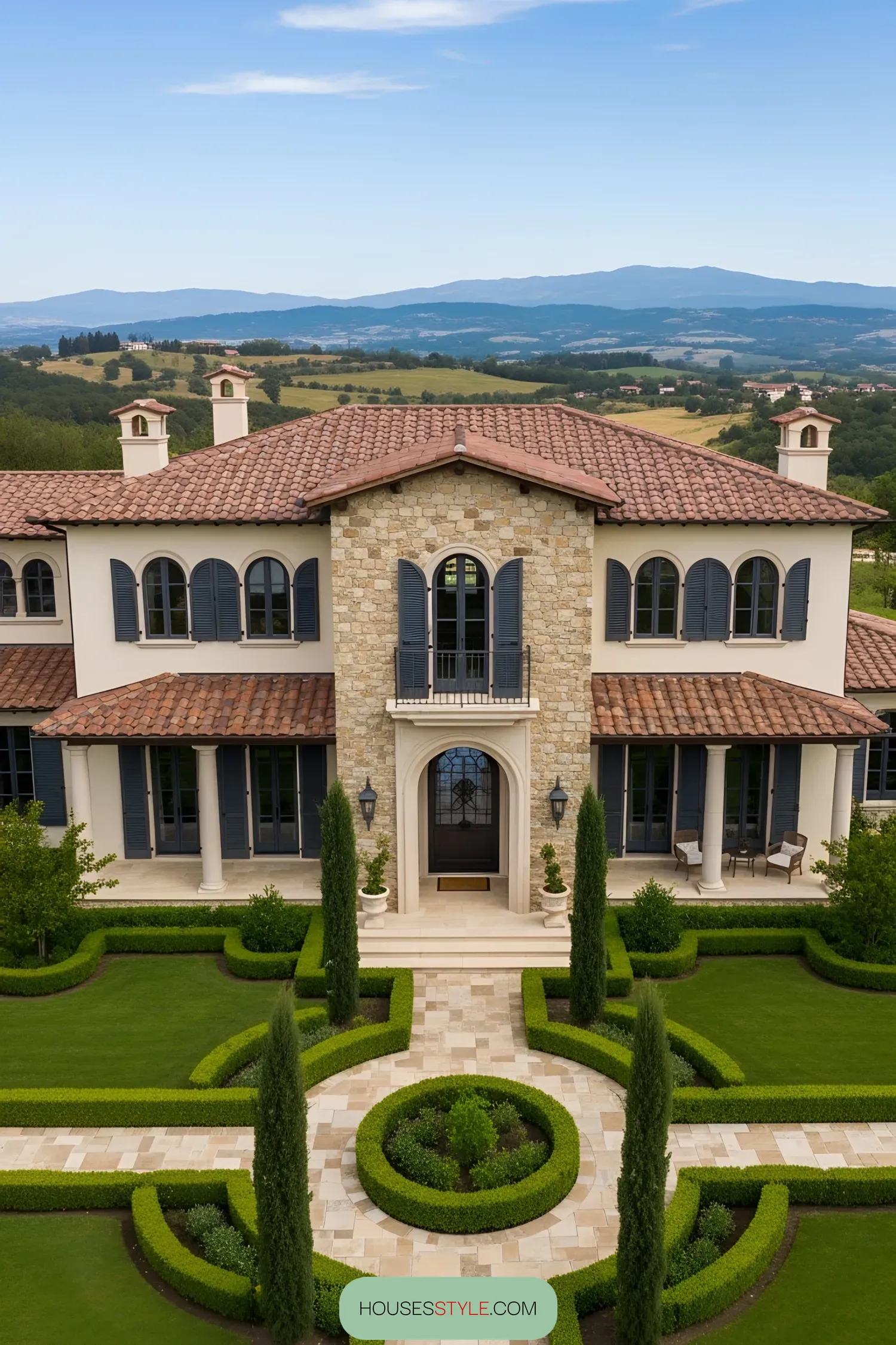 Modern Tuscan villa with stone facade and lush garden
