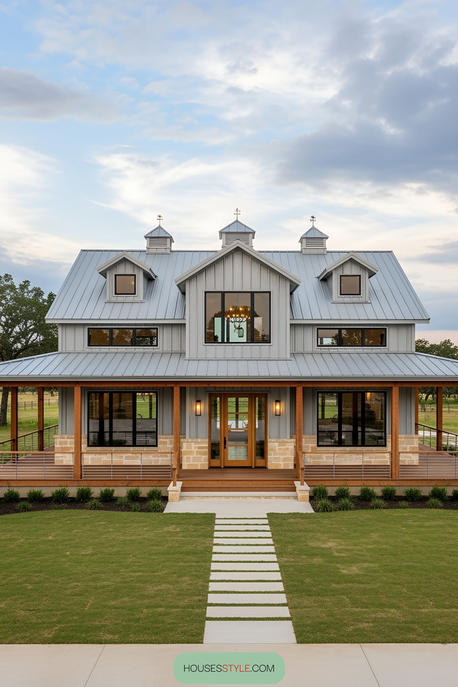 A majestic farmhouse with a metal roof and expansive porch