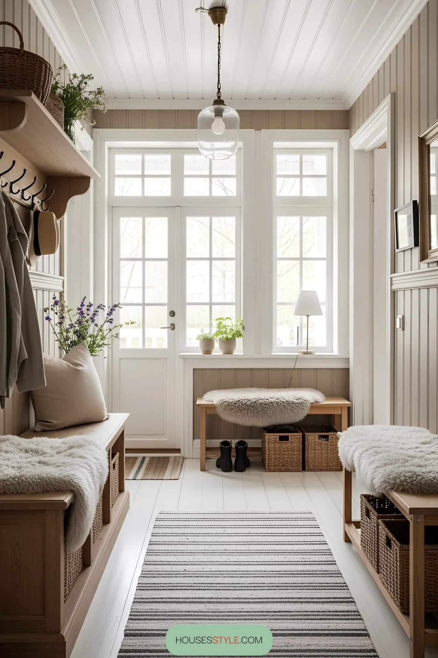 Inviting Swedish hallway with bench and storage