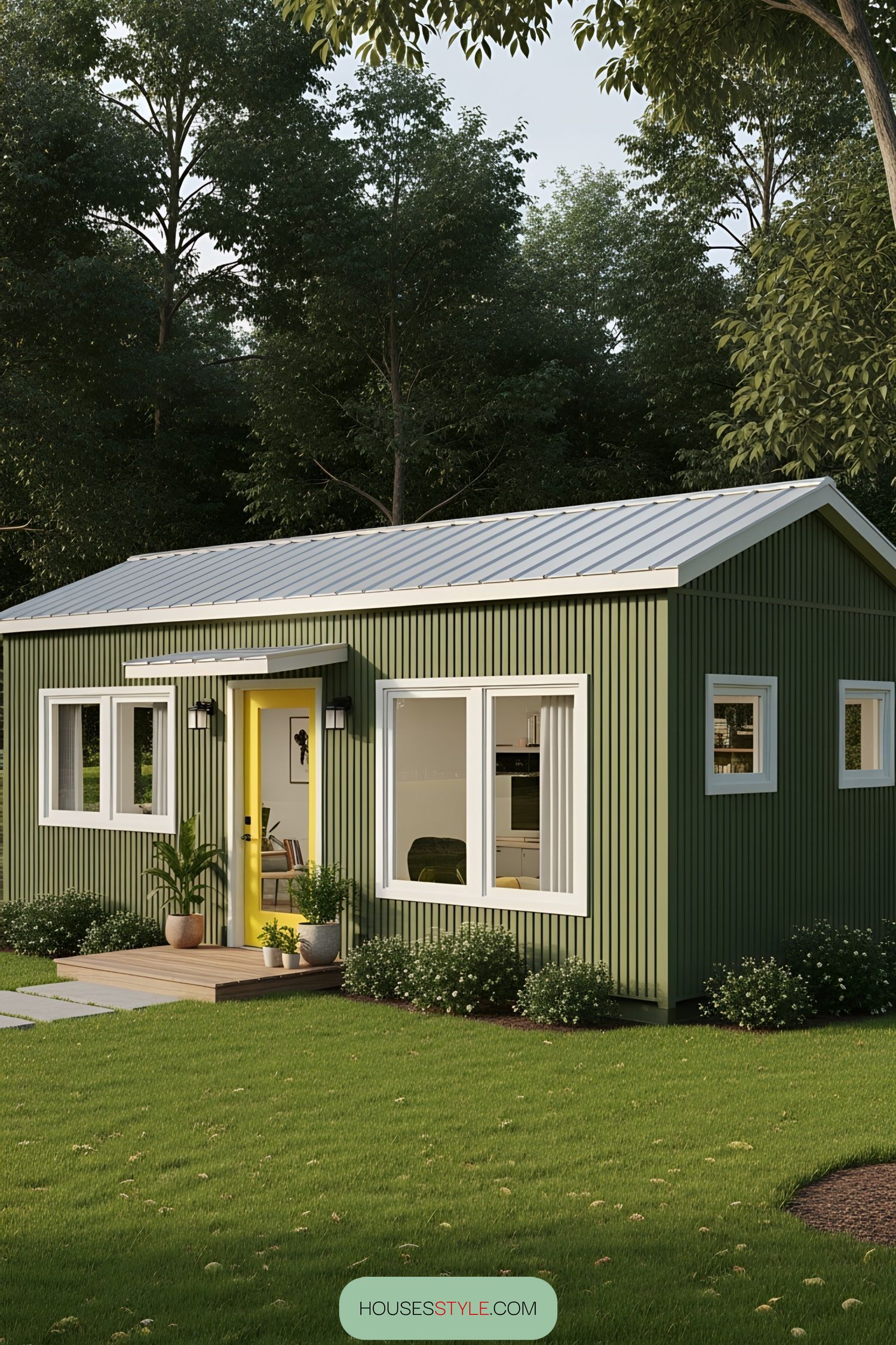 Compact green container office with vibrant yellow door in a forest setting