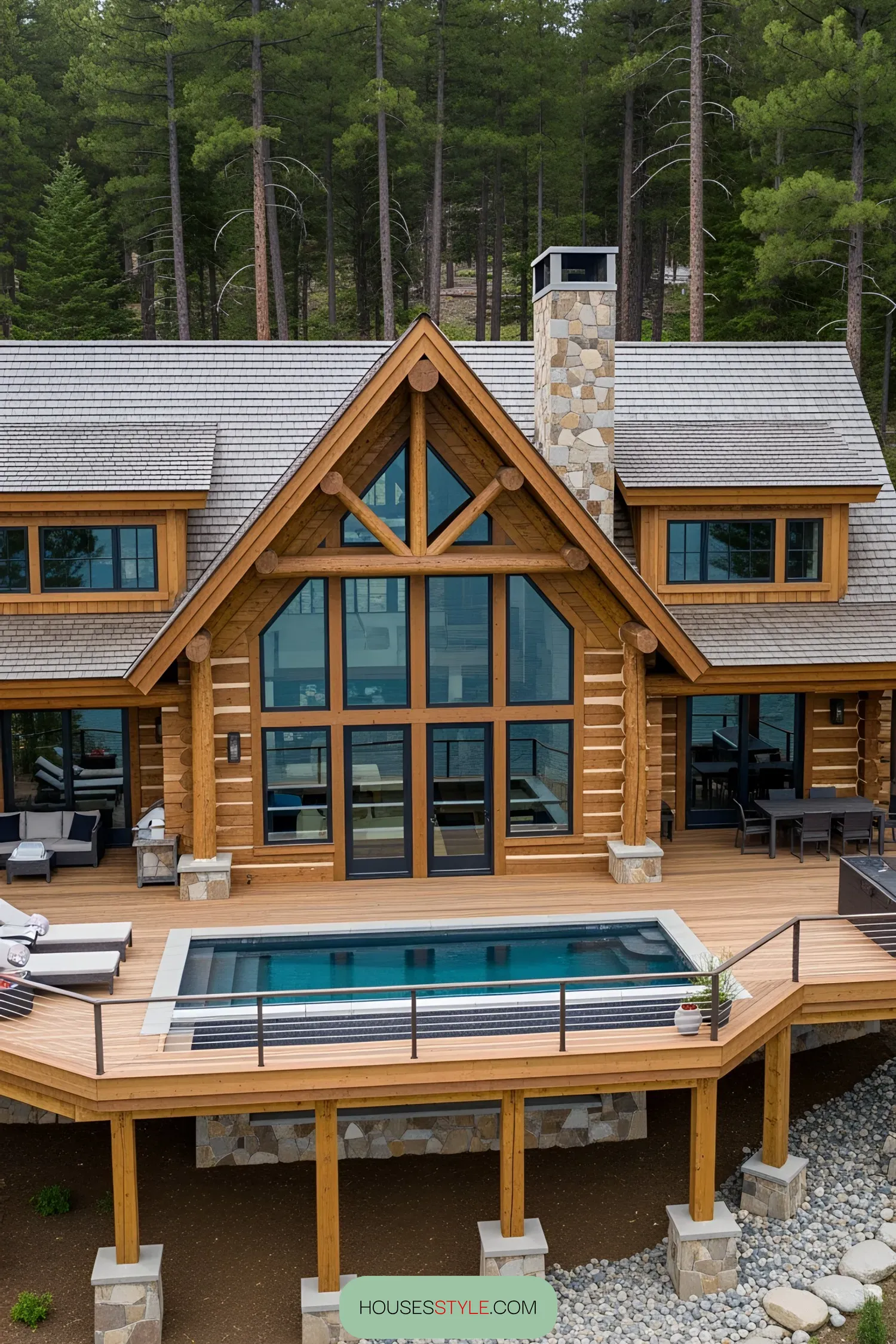 Charming wooden lake house with a pool and forest backdrop
