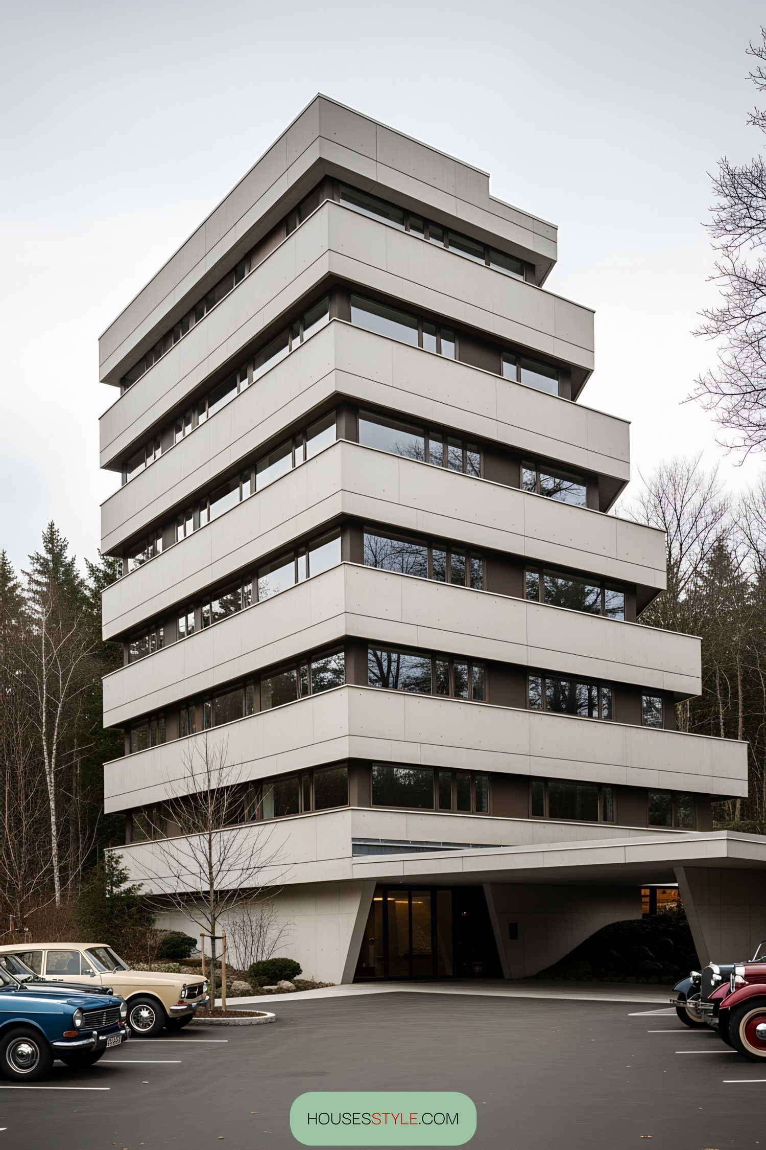 A modern, multi-layered building with parked vintage cars