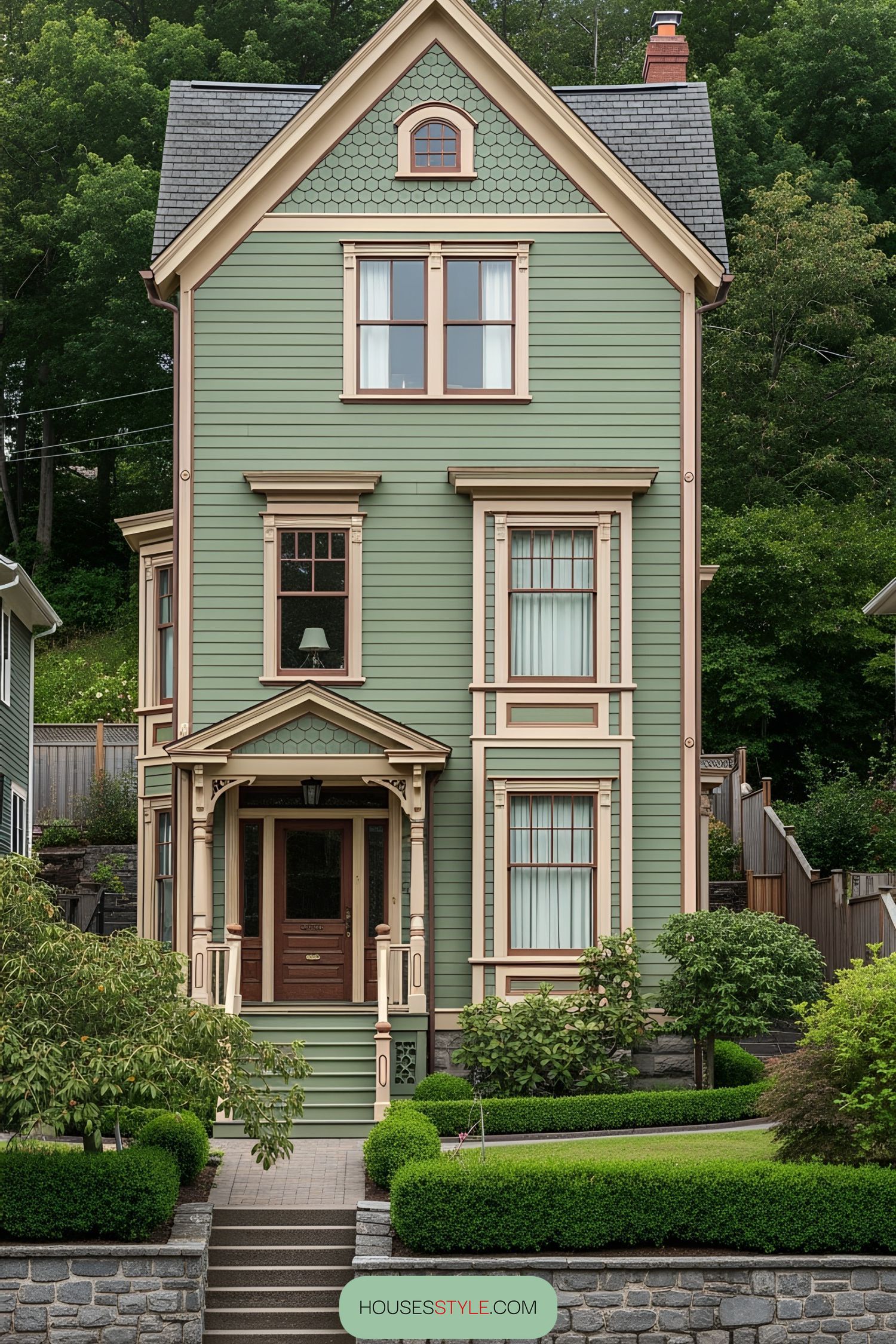Green Victorian house with detailed trim and lush landscaping