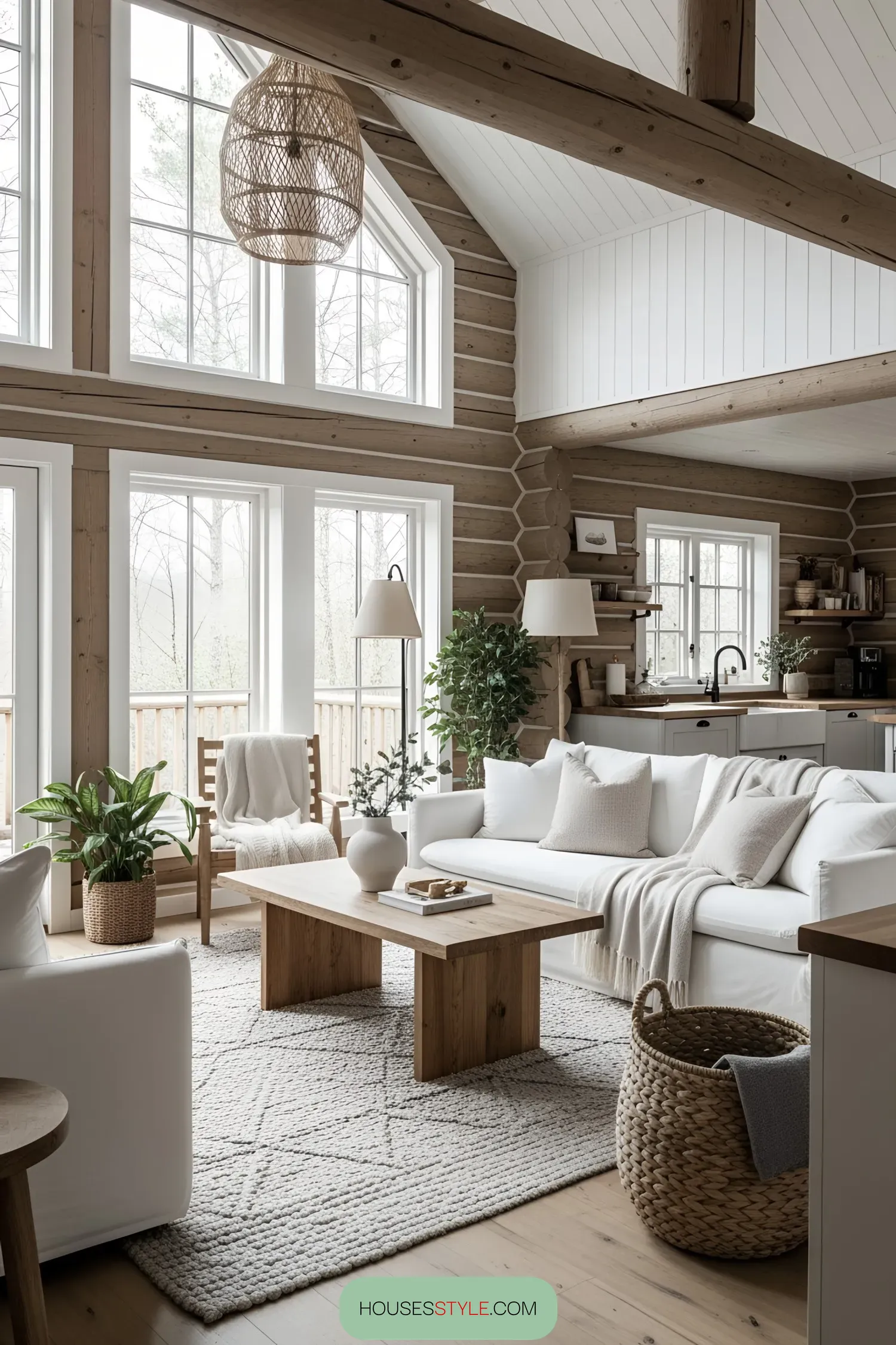 Bright and airy log cabin living area with large windows and modern decor