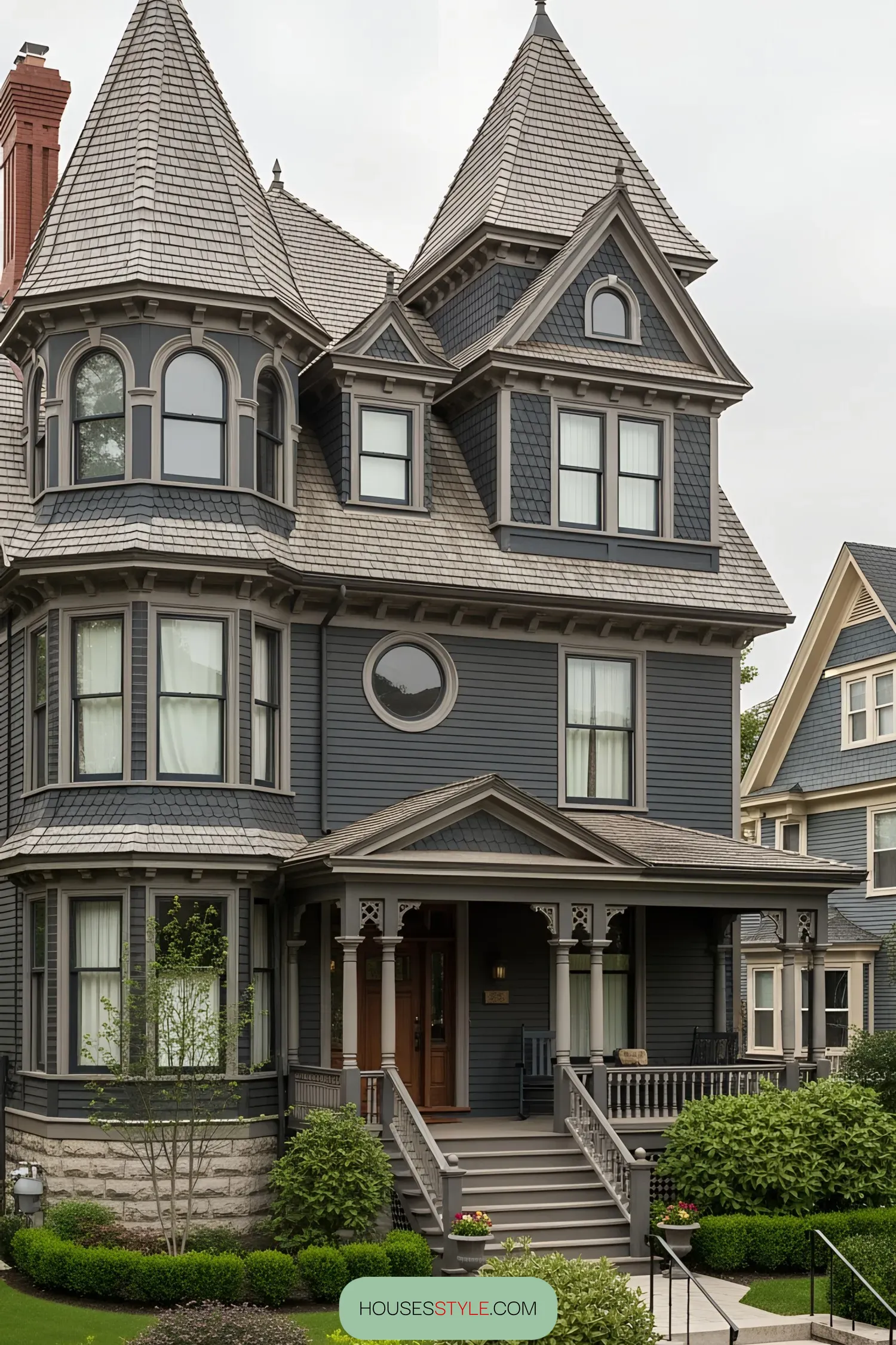 Elegant black Victorian house with twin turrets and ornate detailing