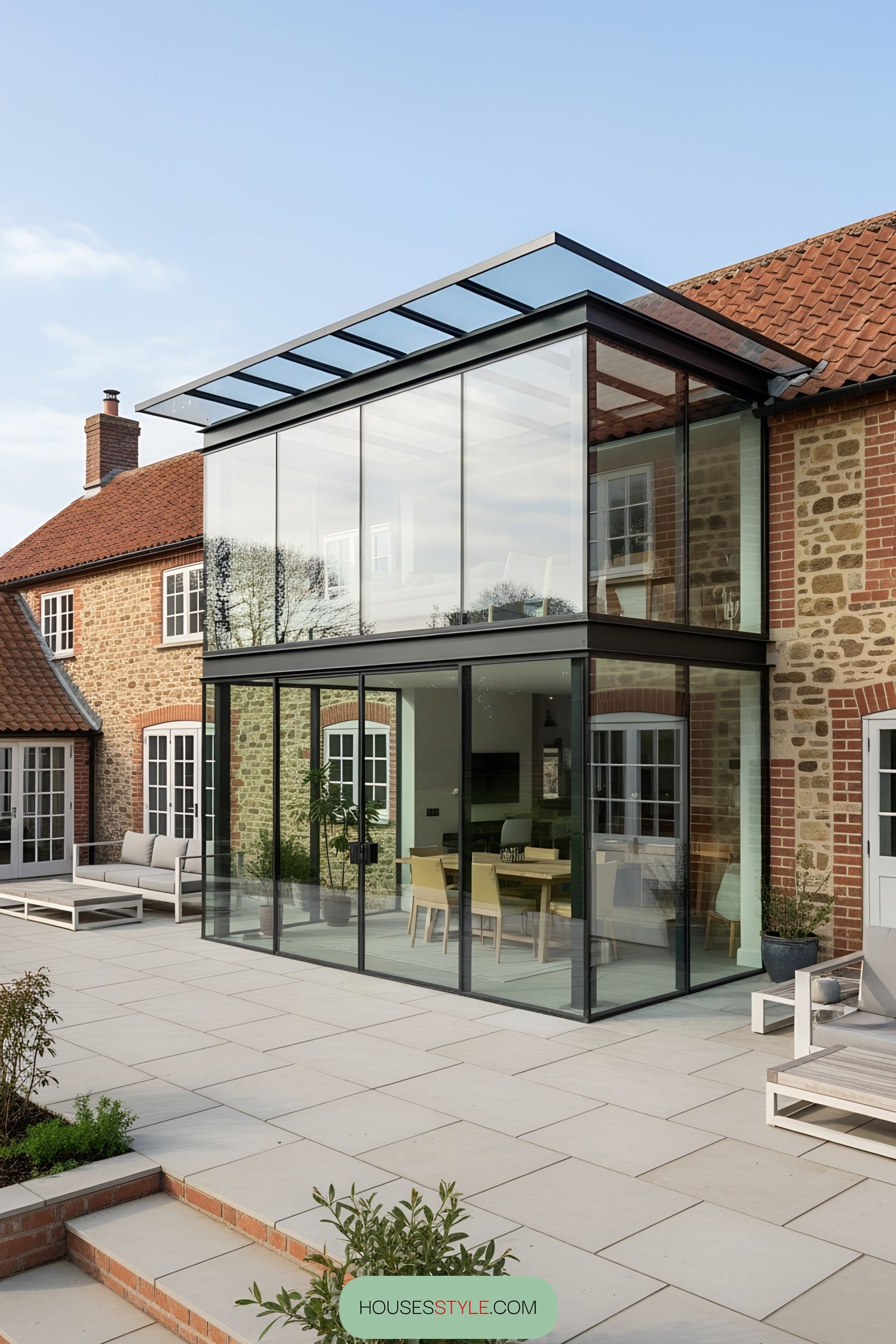Contemporary glass terrace blending with classic brickwork