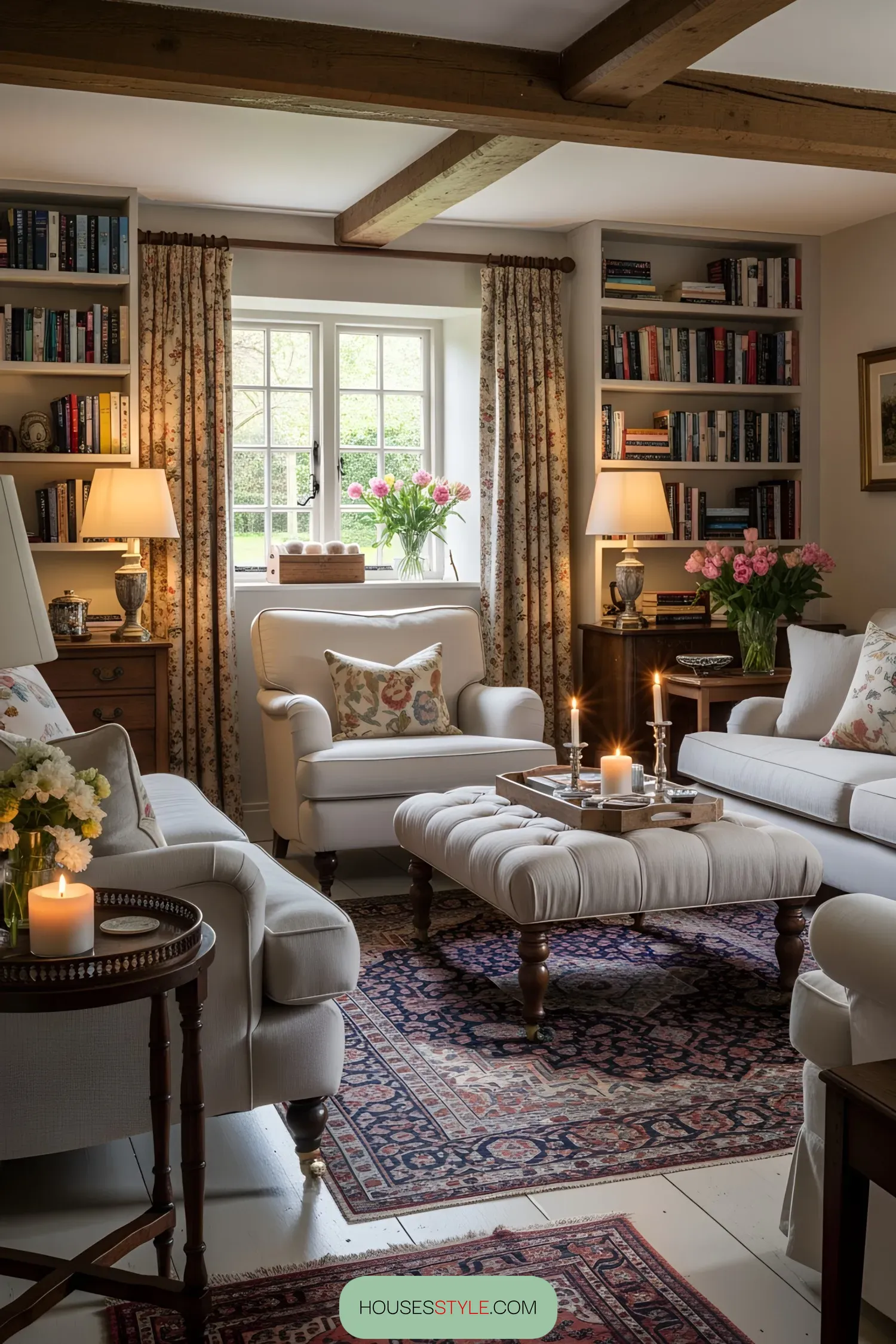 Bright British cottage living room with floral accents