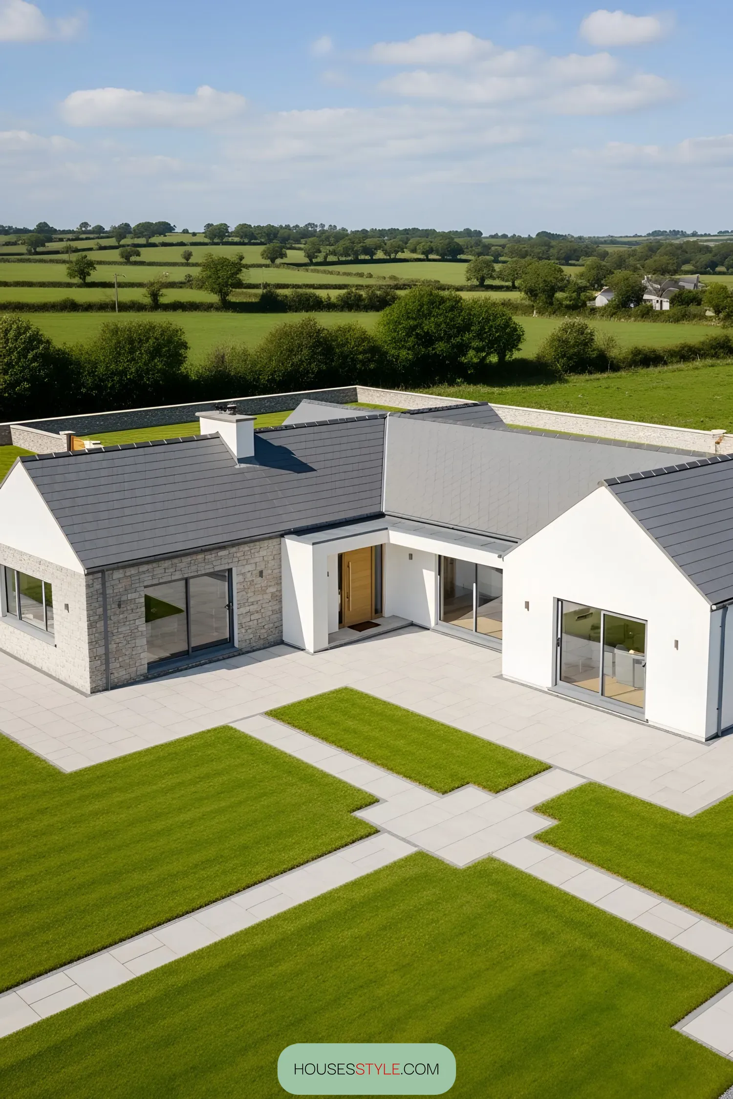 Modern bungalow surrounded by green fields