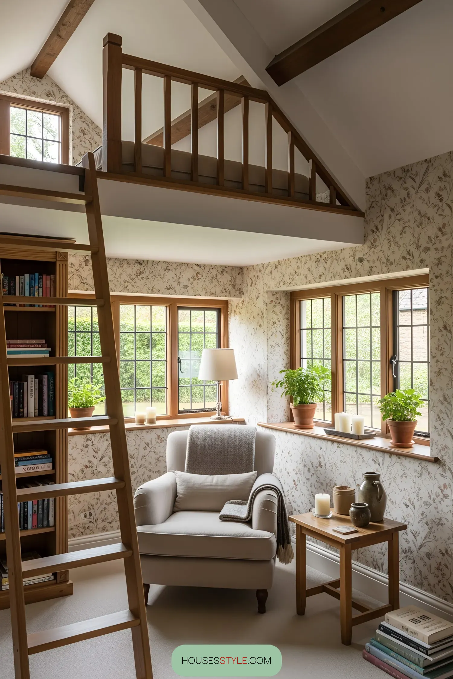 Cozy reading nook in a British cottage with a loft