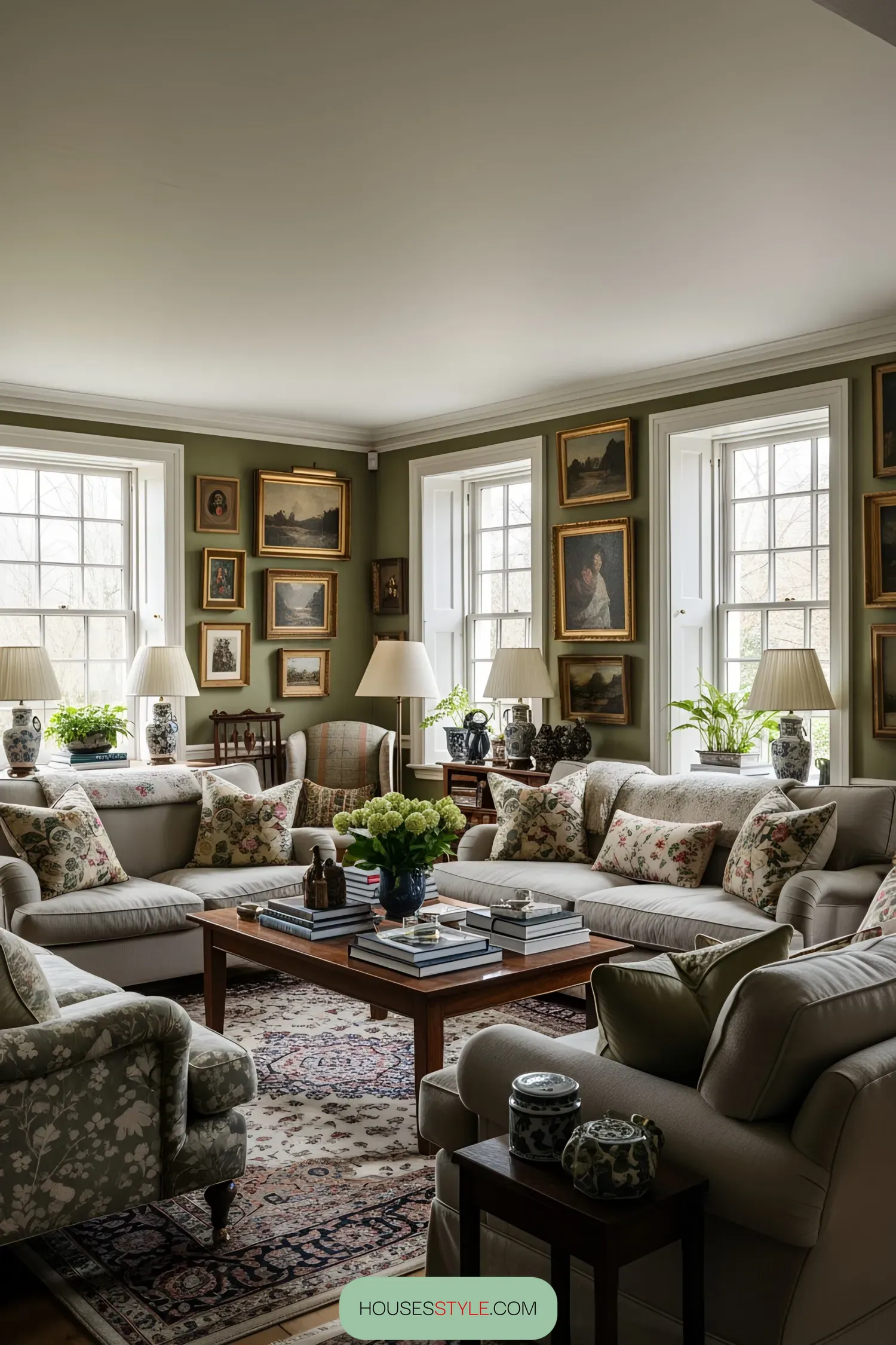 Cozy living room with floral accents and vintage paintings
