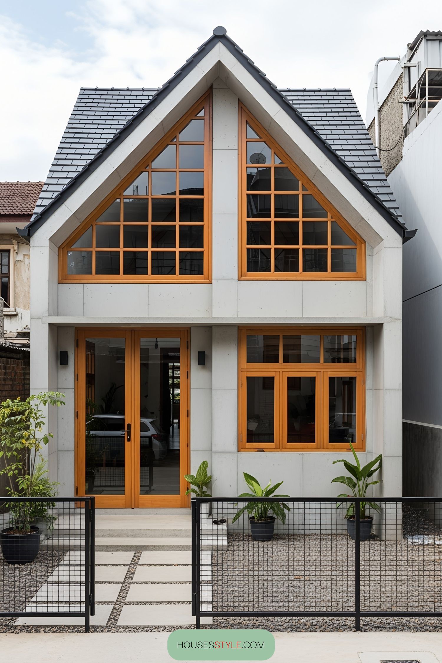Small modern house with wooden windows and a metal fence