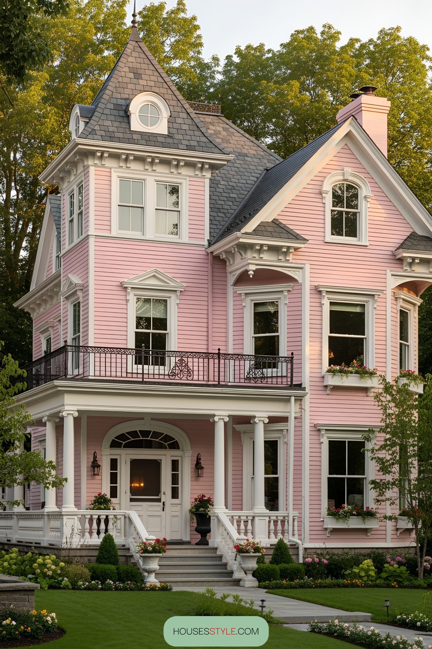 Pink Victorian house with ornate details