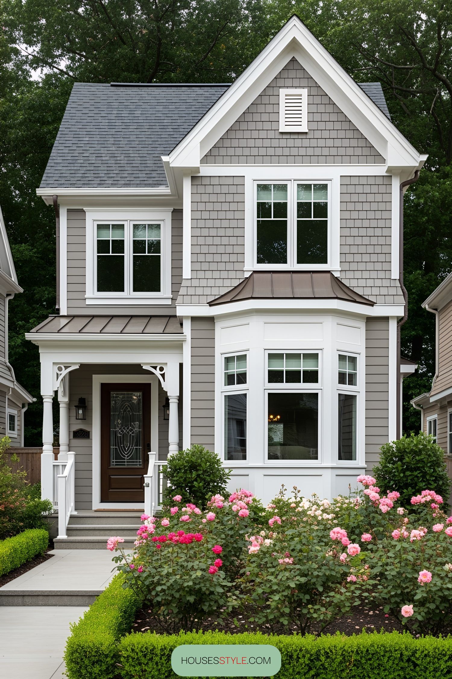 Quaint Victorian house with a gabled roof and rose garden