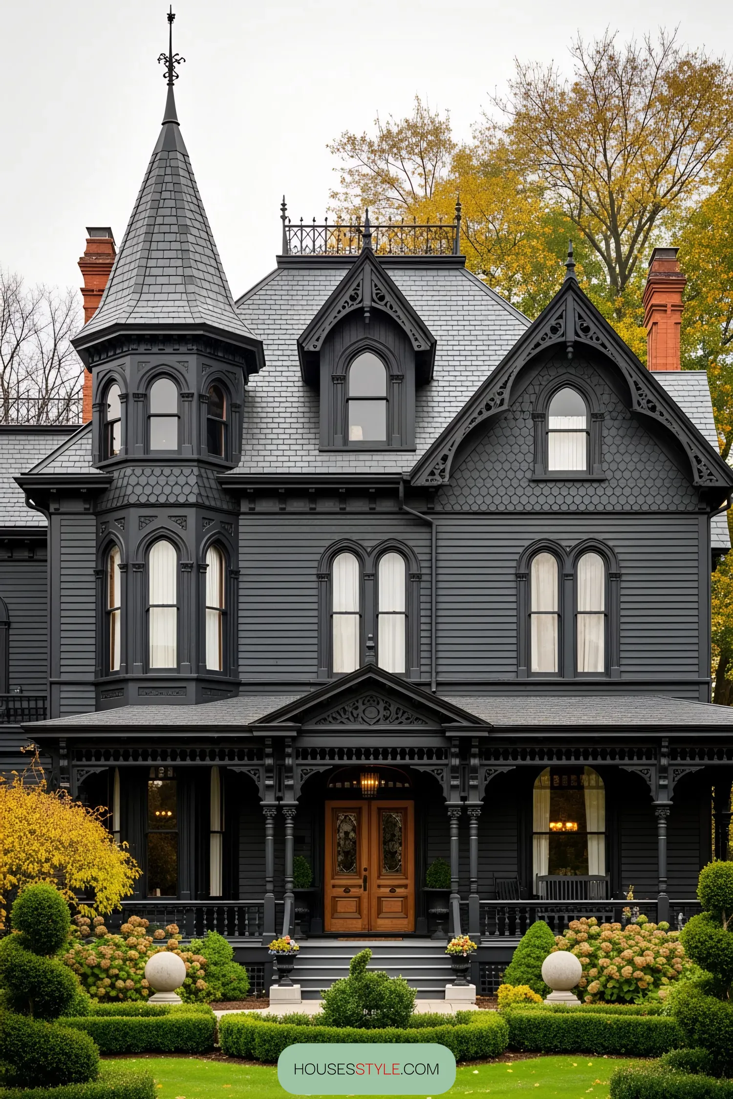 Victorian house with dark exterior and ornate tower
