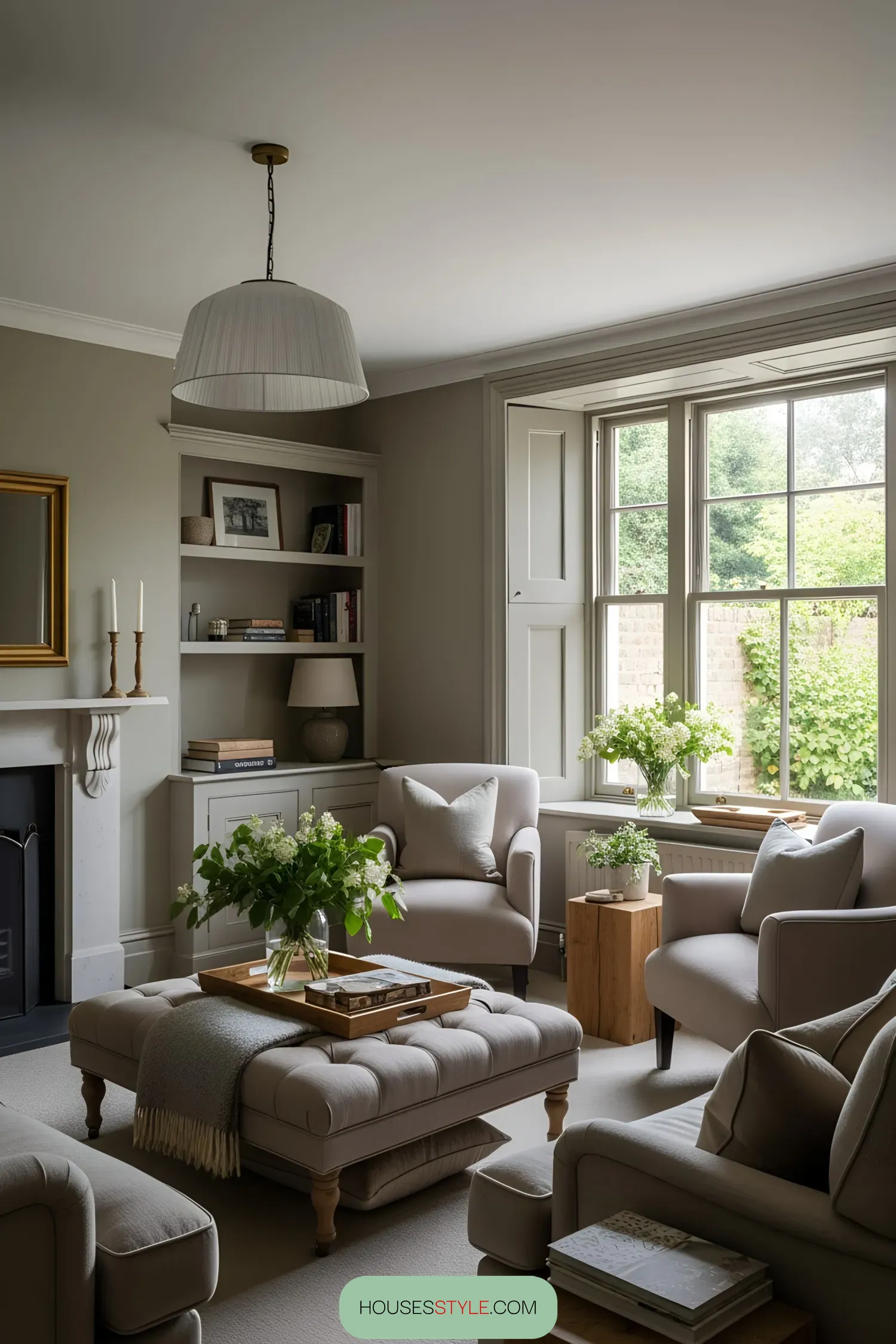 Sunlit room with cozy armchairs and a tufted ottoman