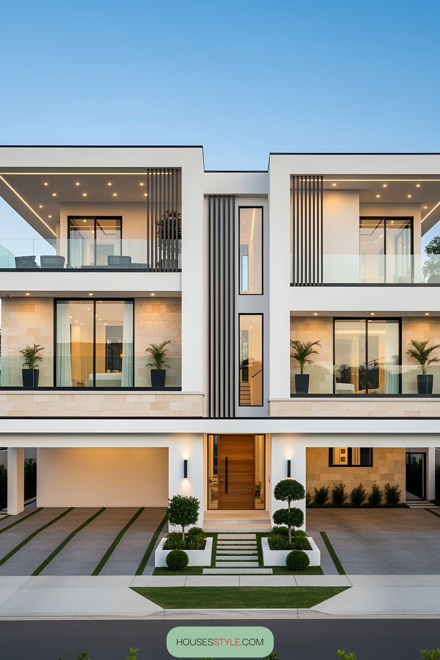Sleek white and beige duplex with stylish balconies