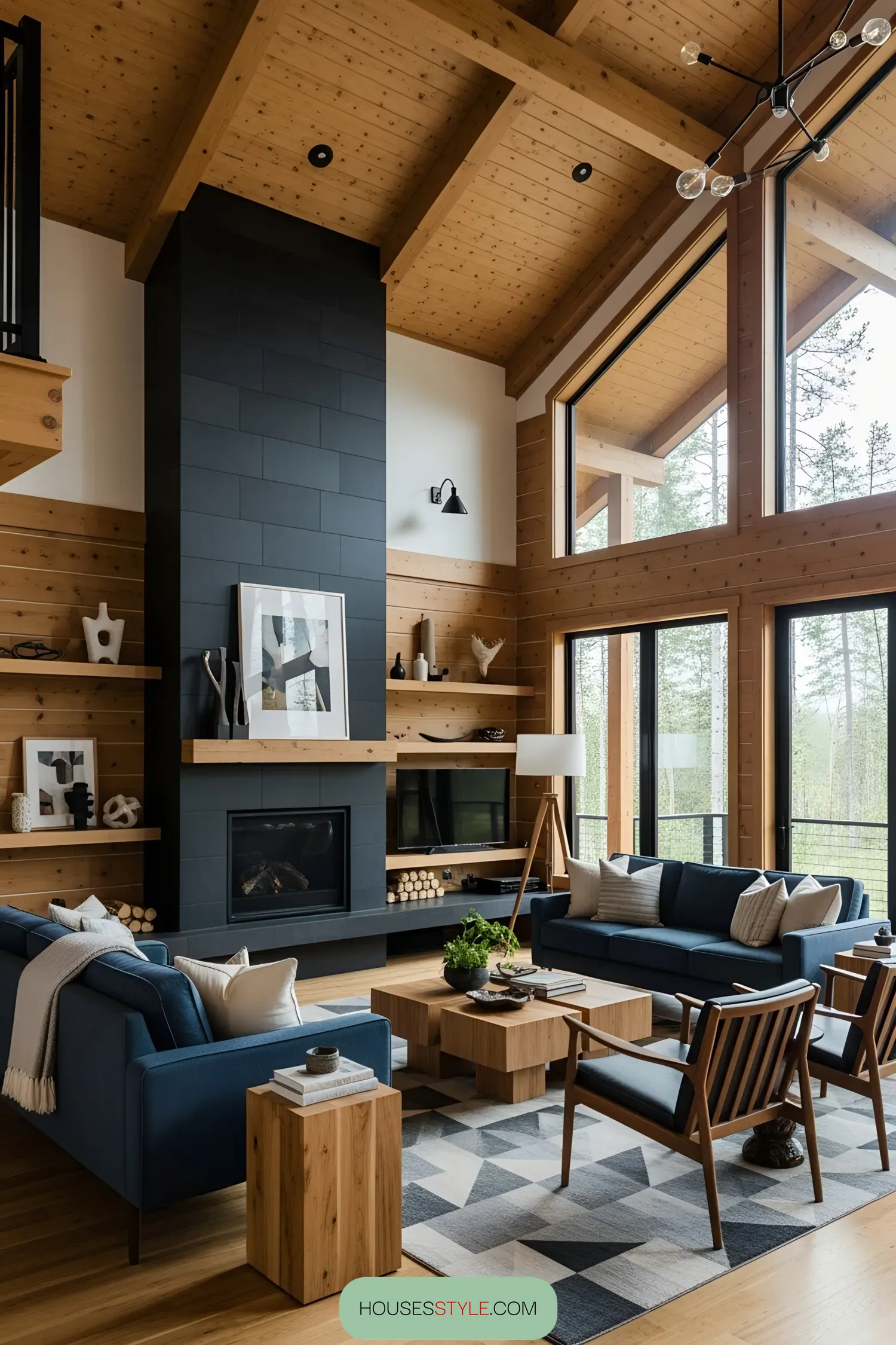 Modern log cabin interior with blue sofas and large windows