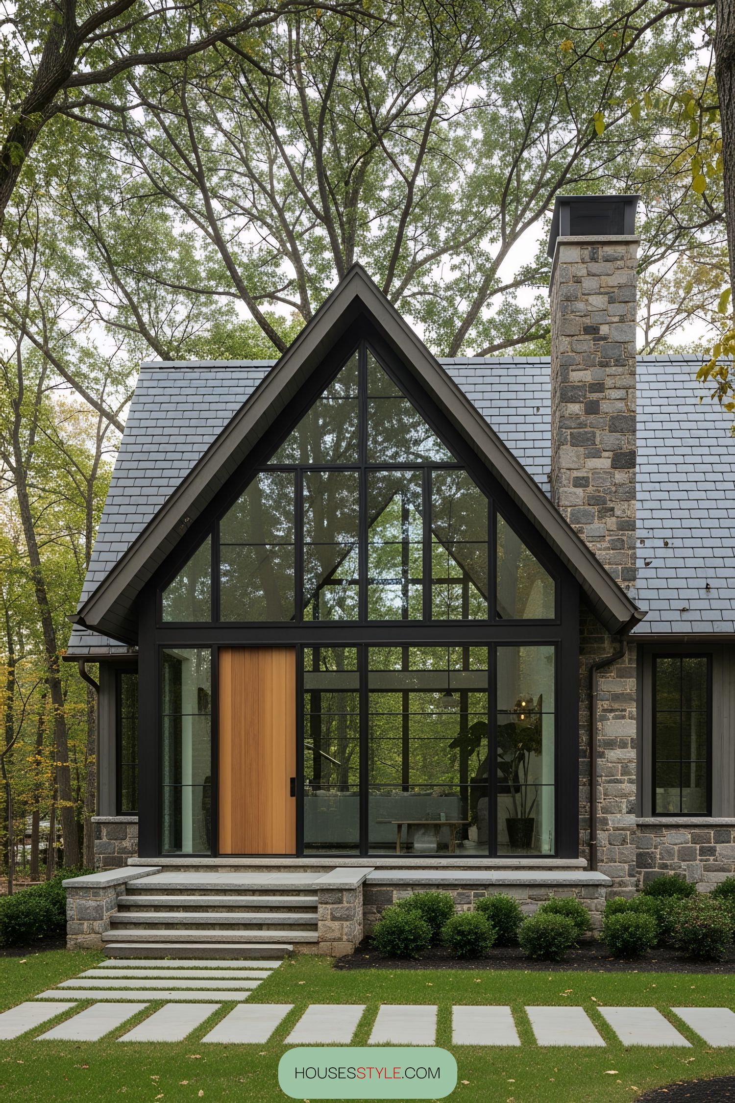 Modern rustic house with large glass windows and stone chimney